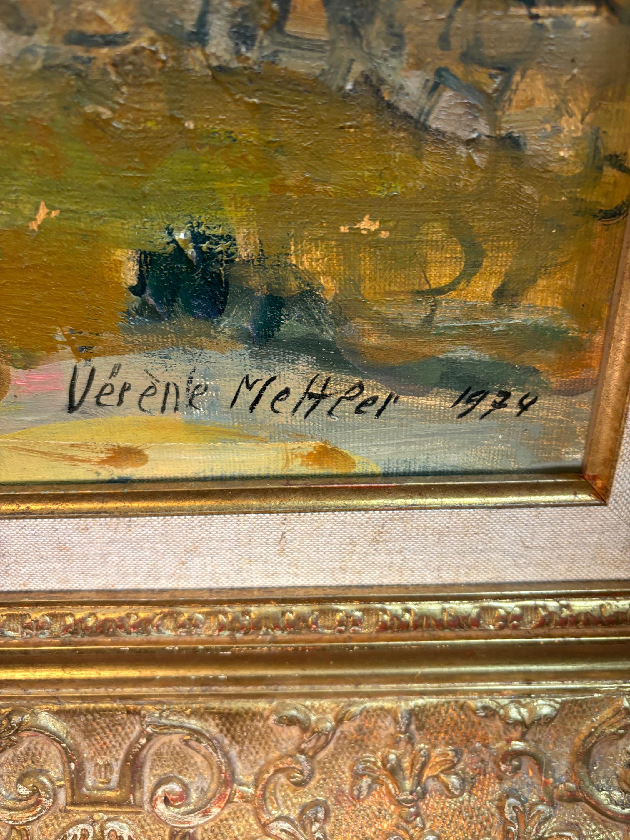 Arbeit auf Leinwand wird mit Originalrahmen verkauft 
Gesamtgröße mit Rahmen 66x100 cm

Vérène Mettler ist eine Schweizer Künstlerin, die für ihre komplexen und suggestiven Werke bekannt ist, in denen sie sich oft mit Themen wie Natur, Weiblichkeit