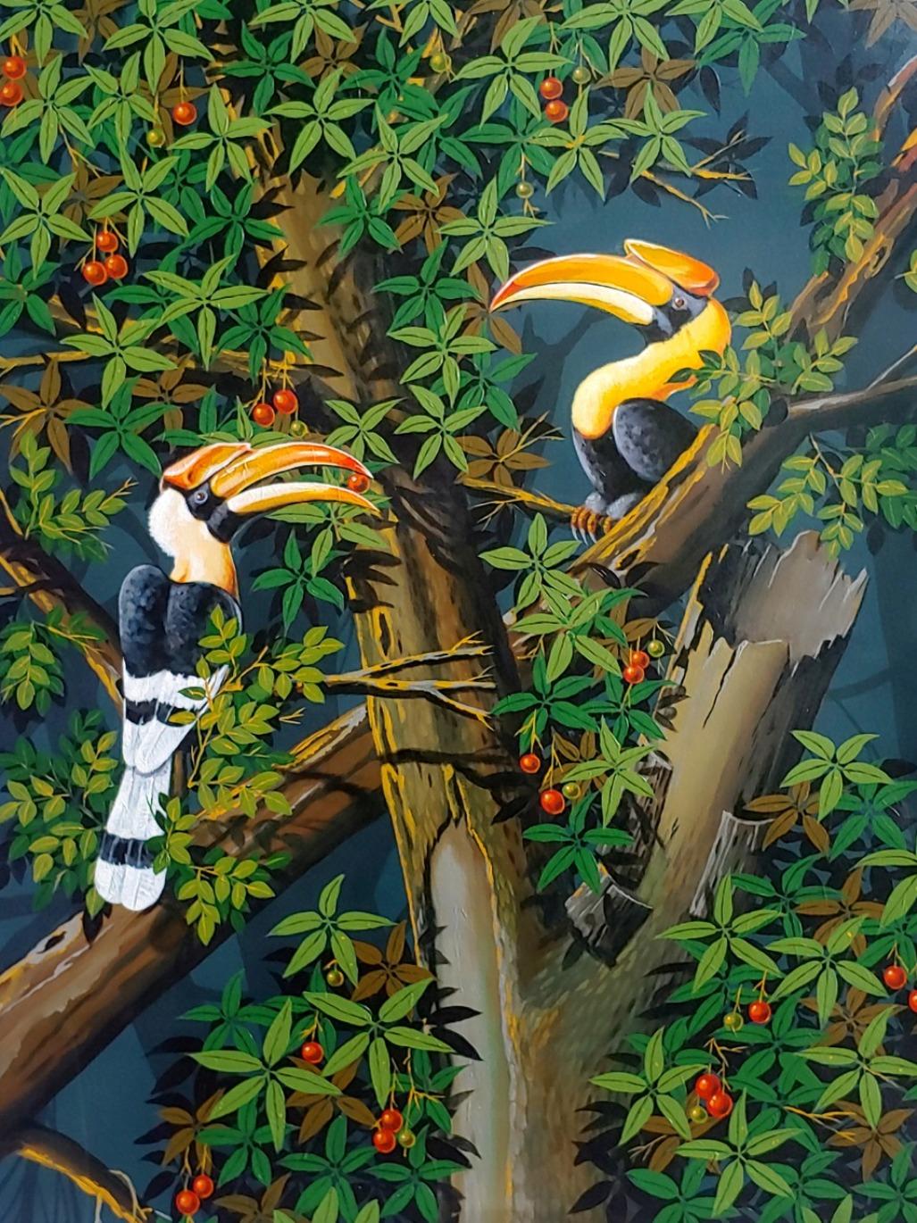 Varghese Kalathil Figurative Painting - The Hornbills, Acrylic on Canvas, Black, Green by Contemporary Artist "In Stock"