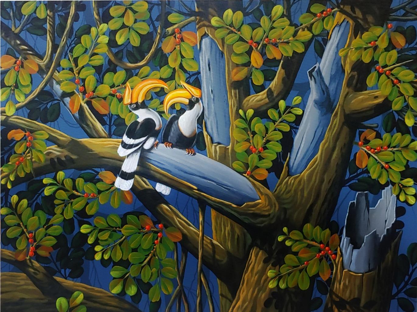 Varghese Kalathil Figurative Painting - The Hornbills, Acrylic on Canvas, Black, Green by Contemporary Artist "In Stock"