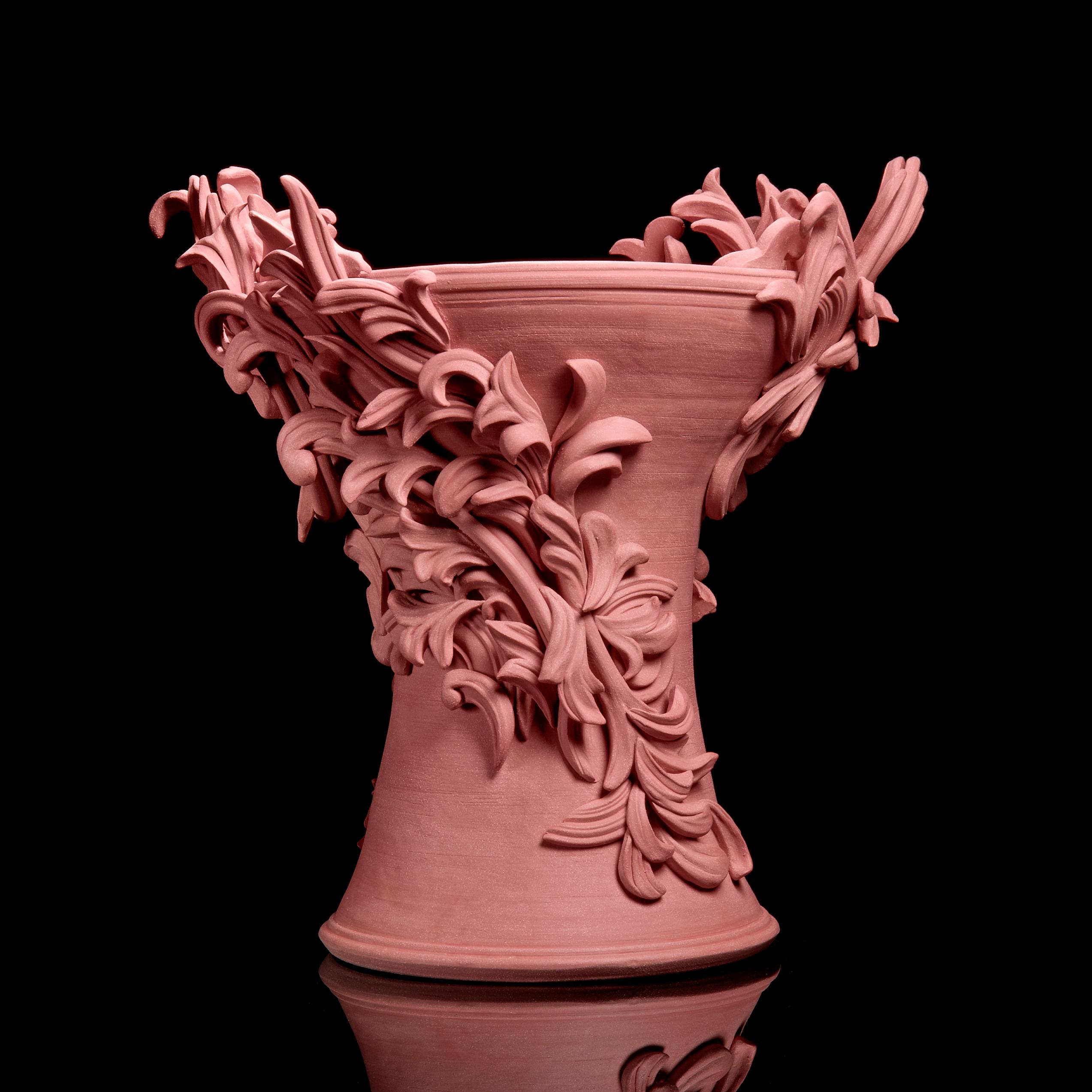Vari Capitelli V is a unique handmade colored stoneware ceramic sculptural vase in vibrant salmon pink by the British artist Jo Taylor. The central form has been thrown on the potter's wheel and also hand-built, then adorned with architectural