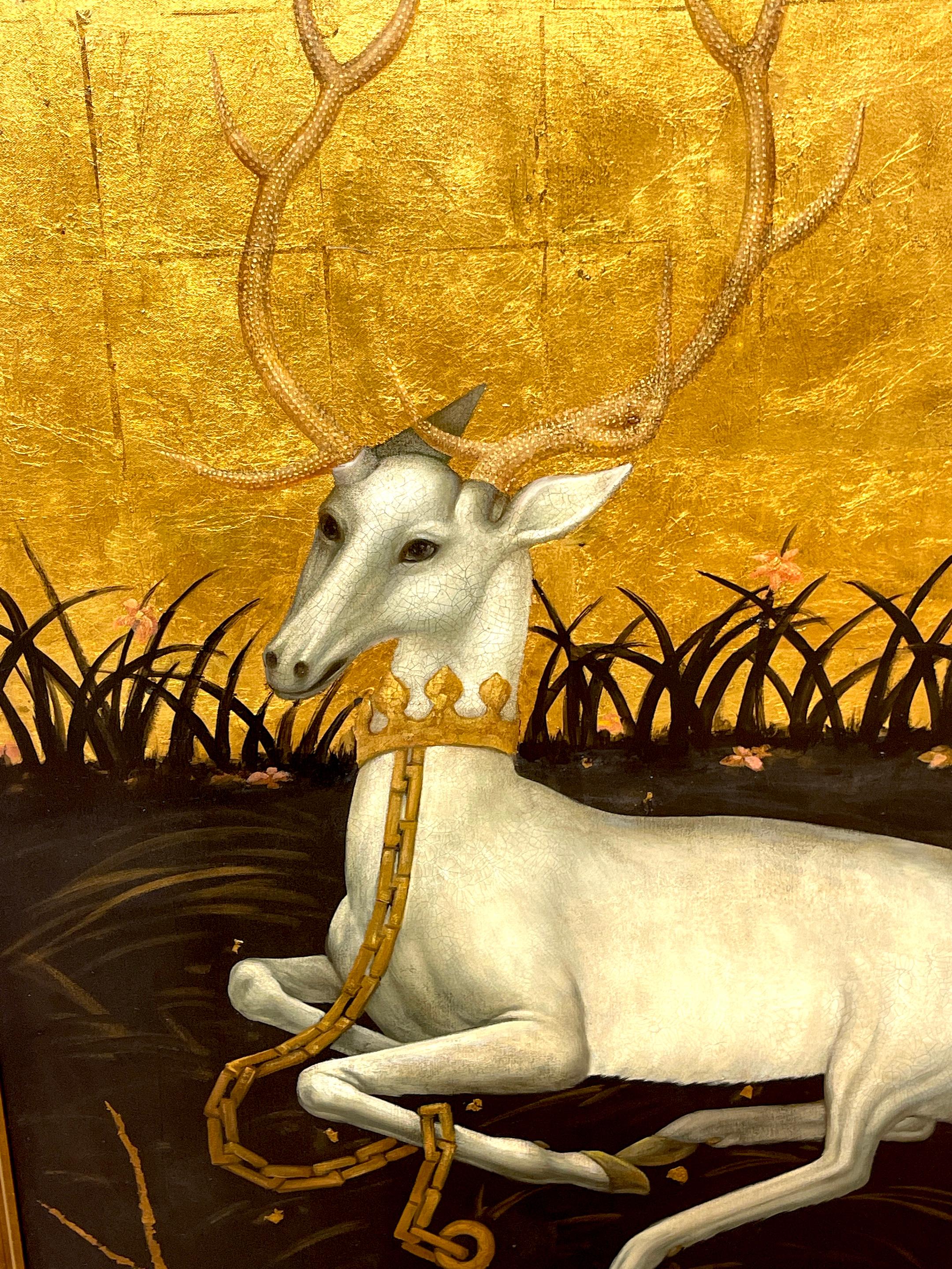 Seated White Deer in Landscape, Signed O. Millar, after Wilton Diptych  For Sale 3