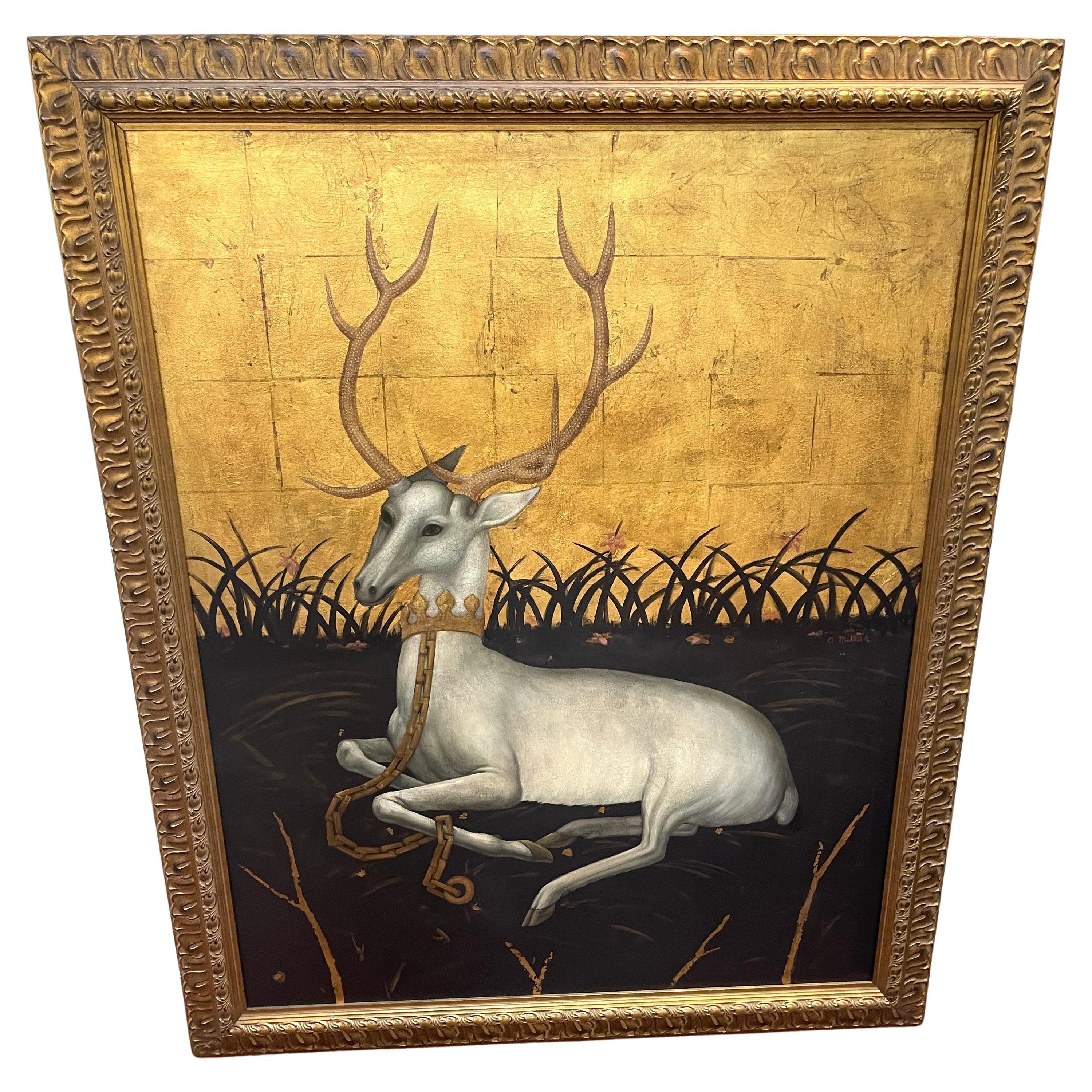 Sitzender Weißer Hirsch in Landschaft, signiert O. Millar, nach Wilton Diptychon 
Wilton Diptychon Variation, sitzendes weißes Hirsch in Landschaft, signiert O. Millar
Öl auf Leinwand, 40 mal 50 Zentimeter
Giltwood Gerahmt 47 Zoll breit von 58 Zoll