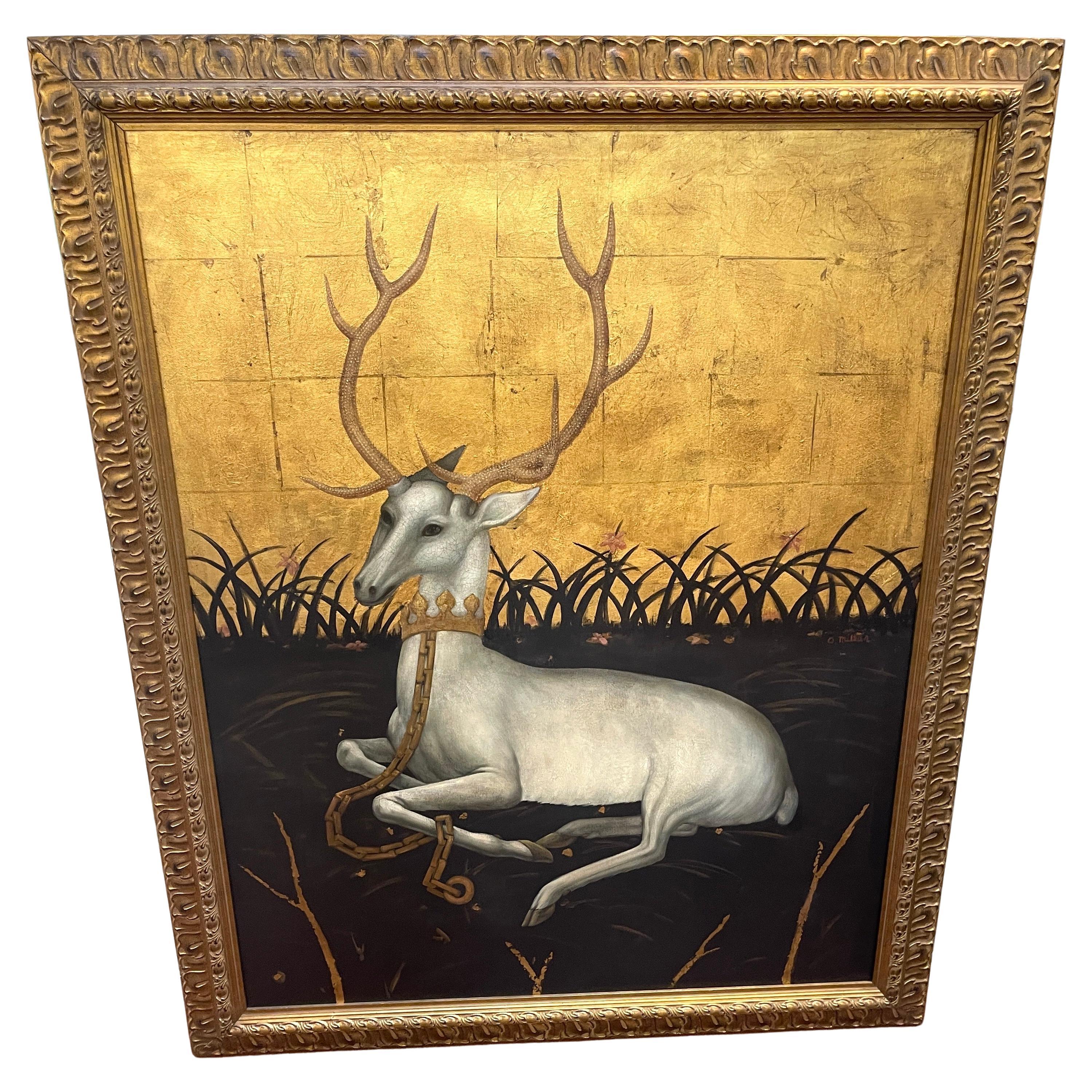 Cerf blanc assis dans un paysage, signé O. Millar, d'après le diptyque de Wilton 
Variation du diptyque Wilton, cerf blanc assis dans un paysage, signé O. Millar
Huile sur toile, 40 pouces par 50 pouces
Encadré en bois doré 47 pouces de large par 58