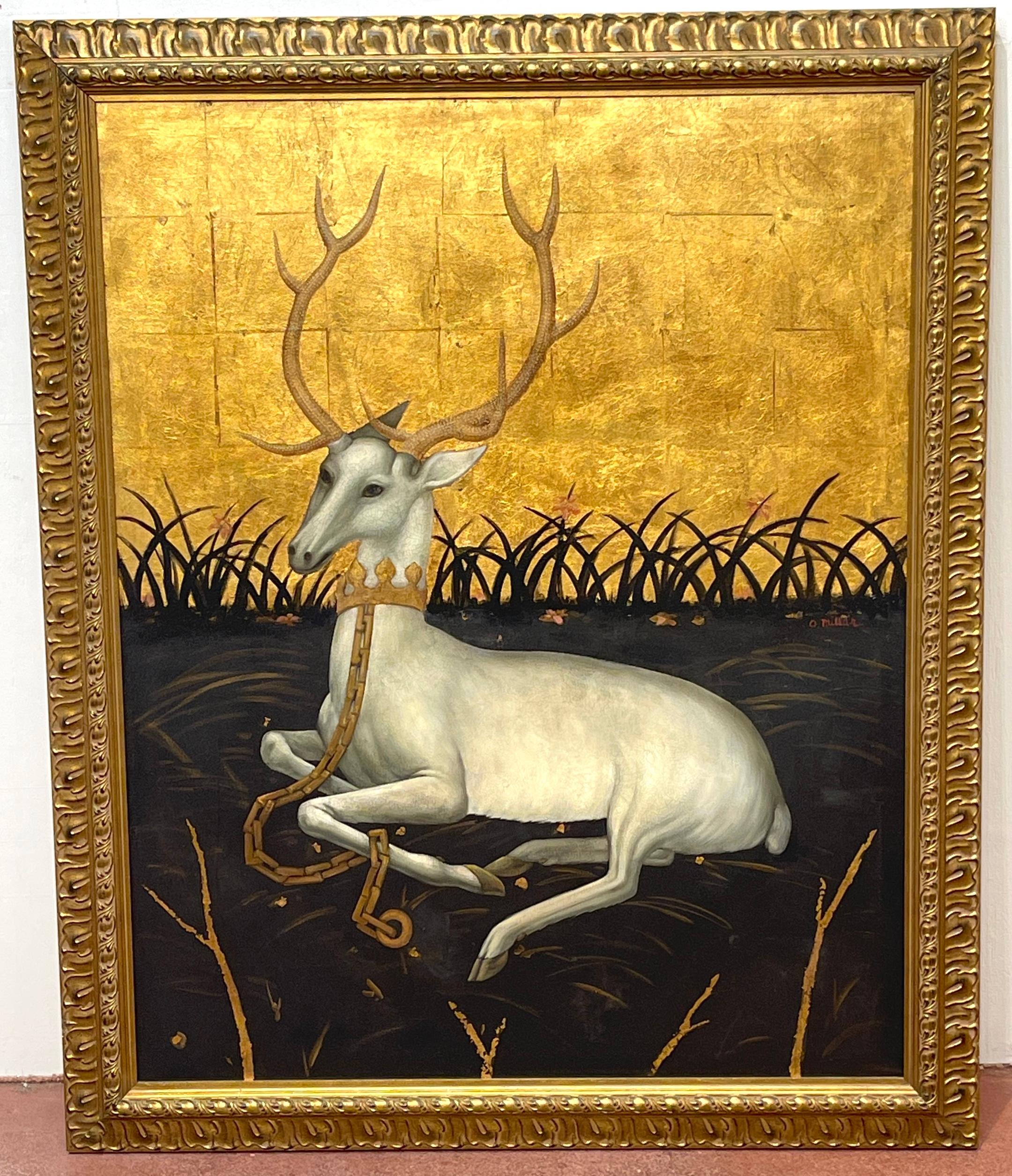 Renaissance Seated White Deer in Landscape, Signed O. Millar, after Wilton Diptych  For Sale