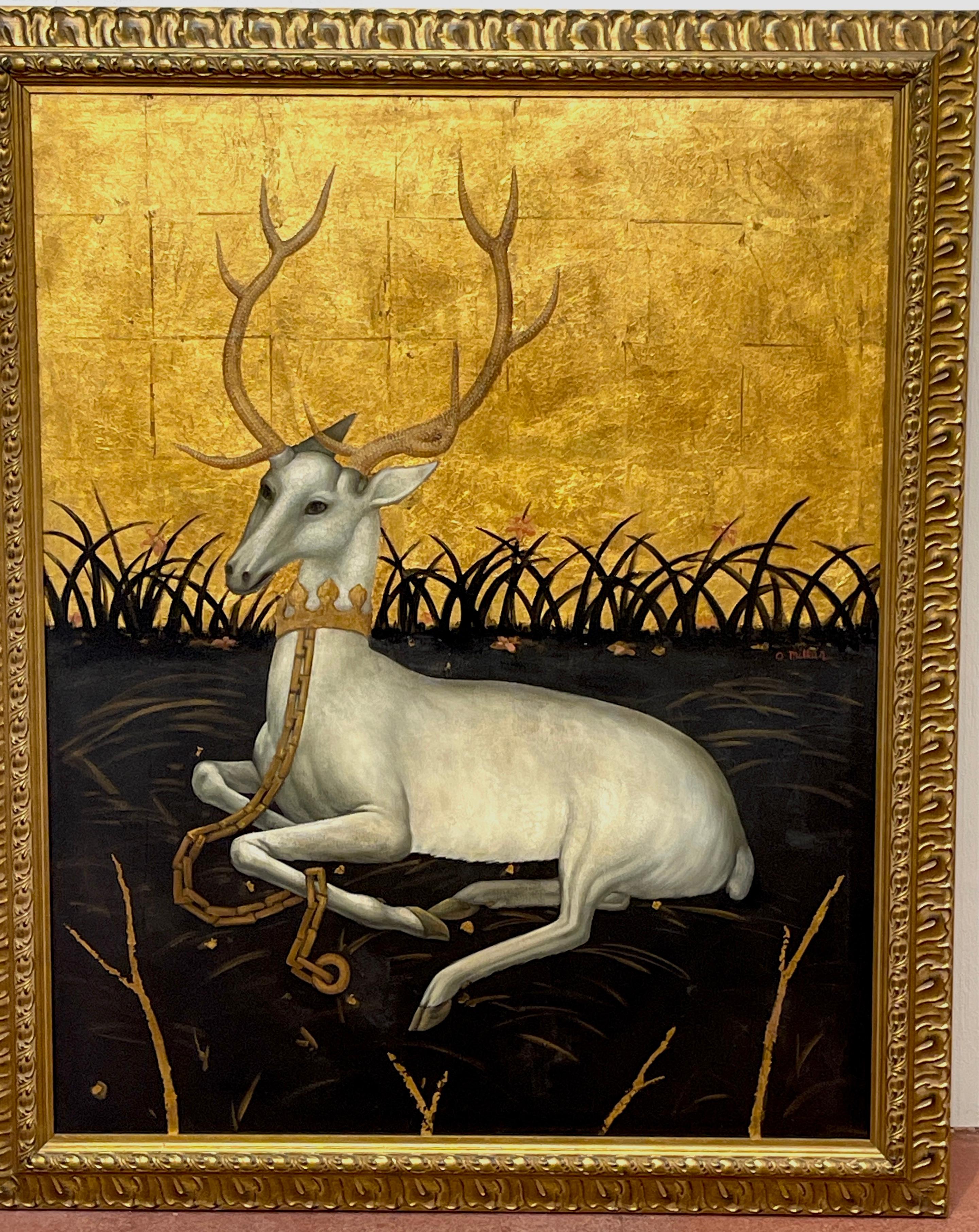 English Seated White Deer in Landscape, Signed O. Millar, after Wilton Diptych  For Sale