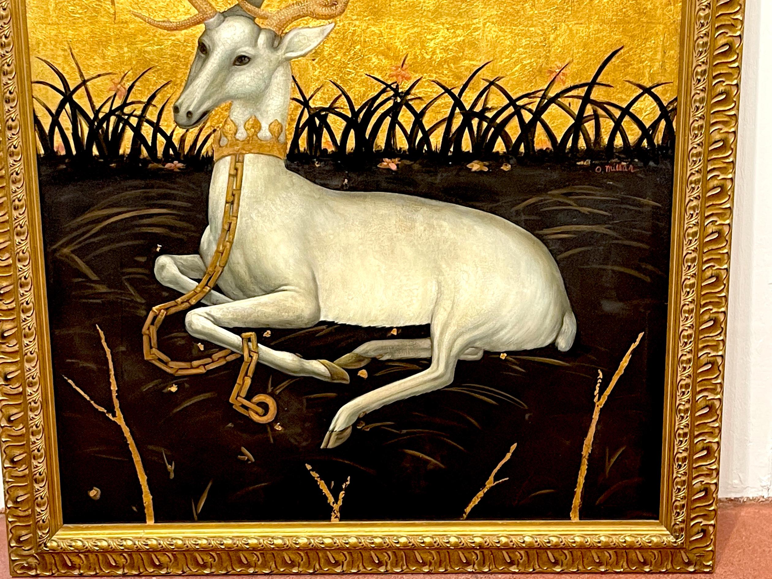 Hand-Painted Seated White Deer in Landscape, Signed O. Millar, after Wilton Diptych  For Sale