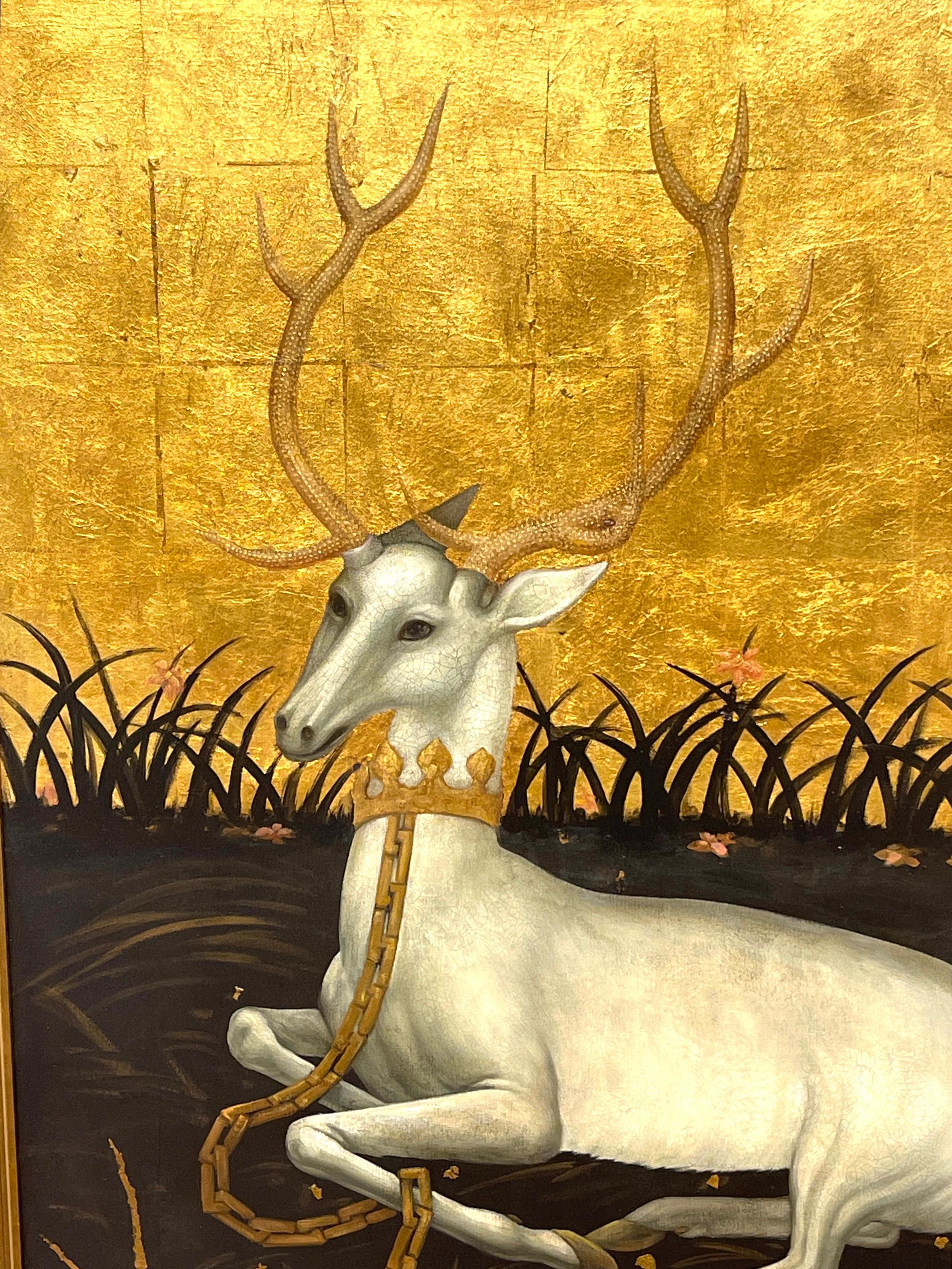 Seated White Deer in Landscape, Signed O. Millar, after Wilton Diptych  In Good Condition For Sale In West Palm Beach, FL