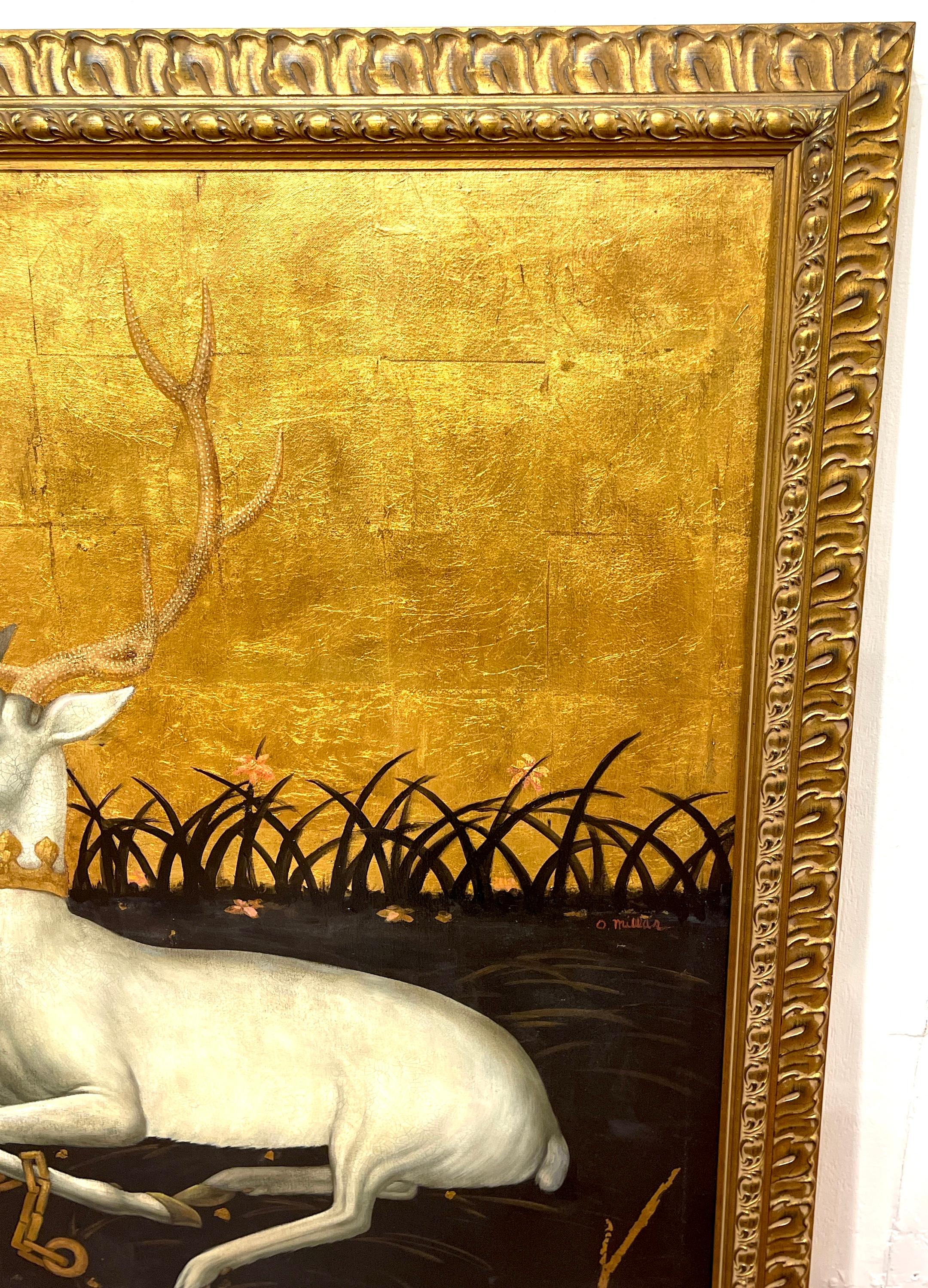 Canvas Seated White Deer in Landscape, Signed O. Millar, after Wilton Diptych  For Sale