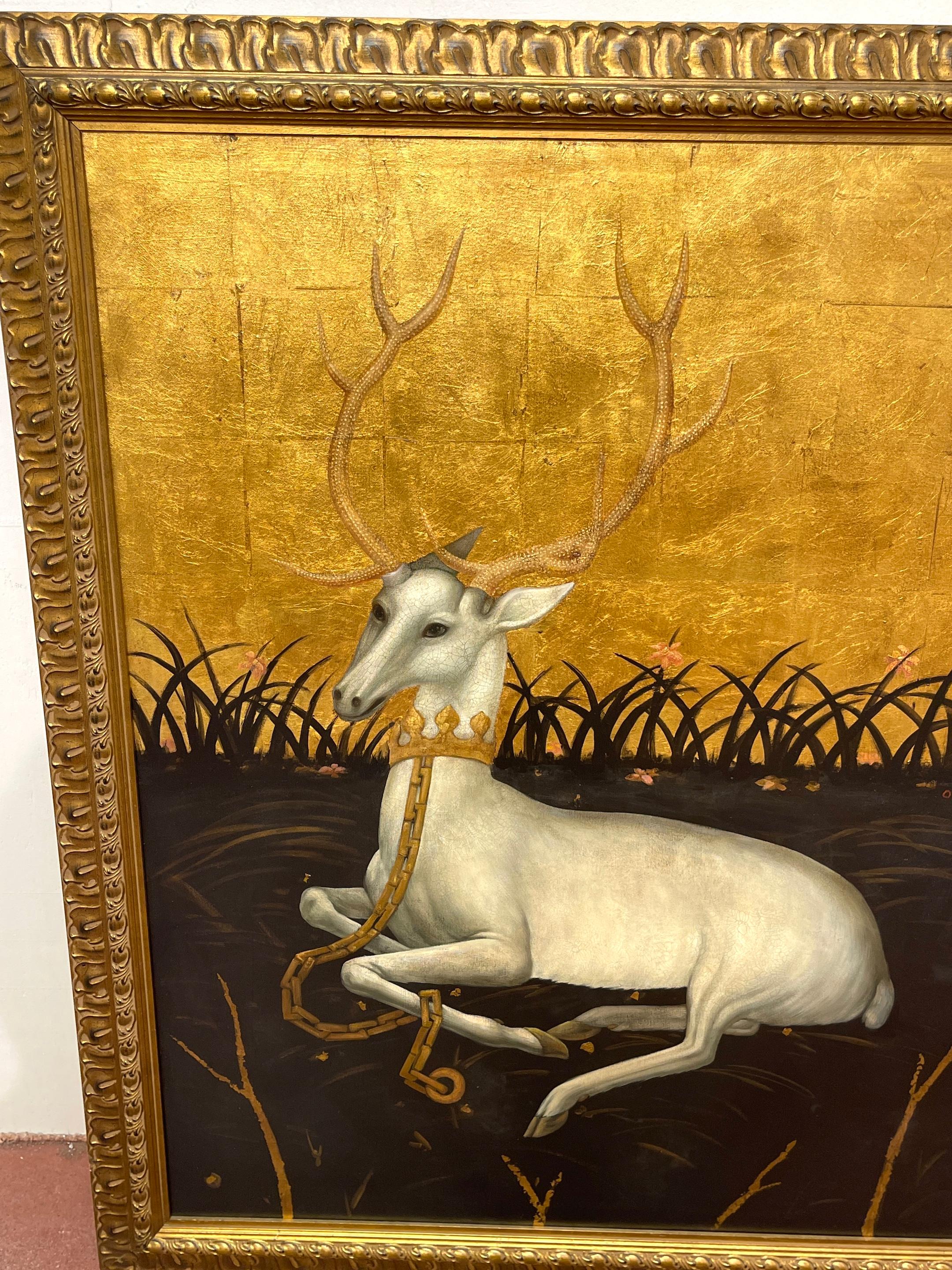 Cerf blanc assis dans un paysage, signé O. Millar, d'après Wilton Diptyque  en vente 1