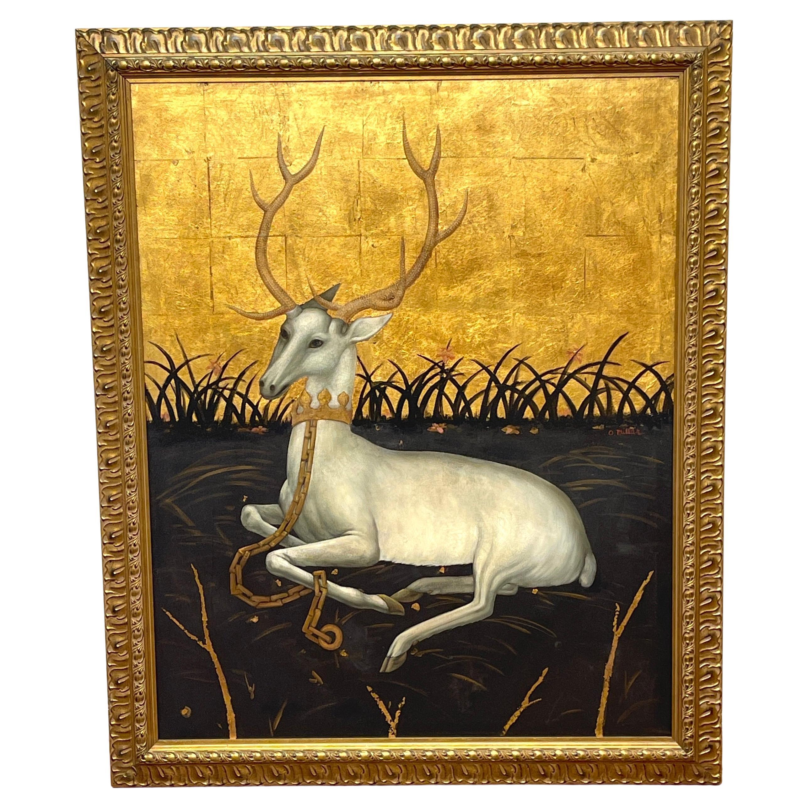 Cerf blanc assis dans un paysage, signé O. Millar, d'après Wilton Diptyque  en vente