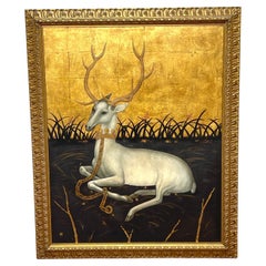 Vintage Seated White Deer in Landscape, Signed O. Millar, after Wilton Diptych 