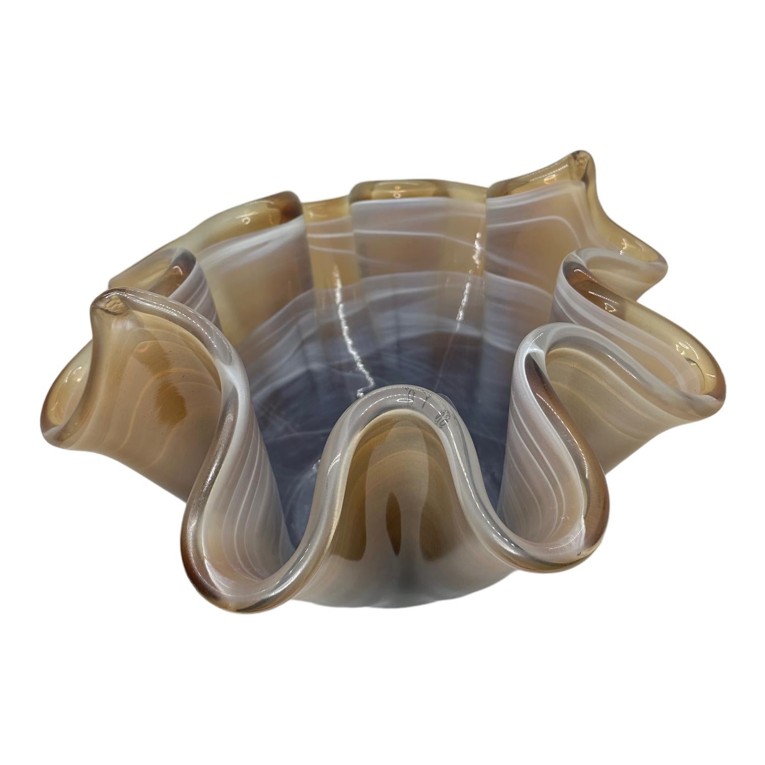 Beautiful Murano hand blown Italian art glass handkerchief bowl with some small air bubbles in the glass. Measures: 9 5/8