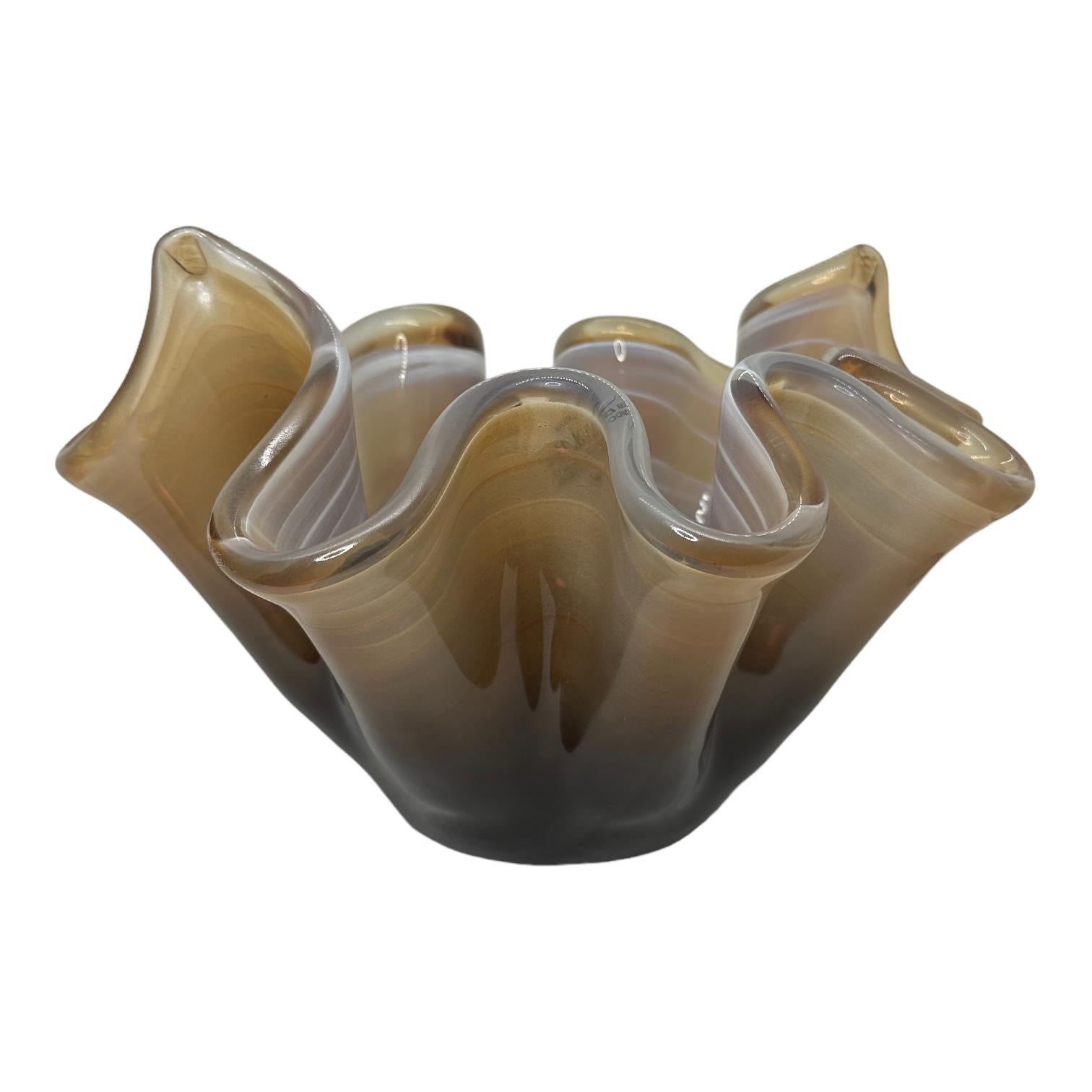 Italian Variations of Brown Art Glass Murano Large Handkerchief Bowl, Modern, 1980s For Sale