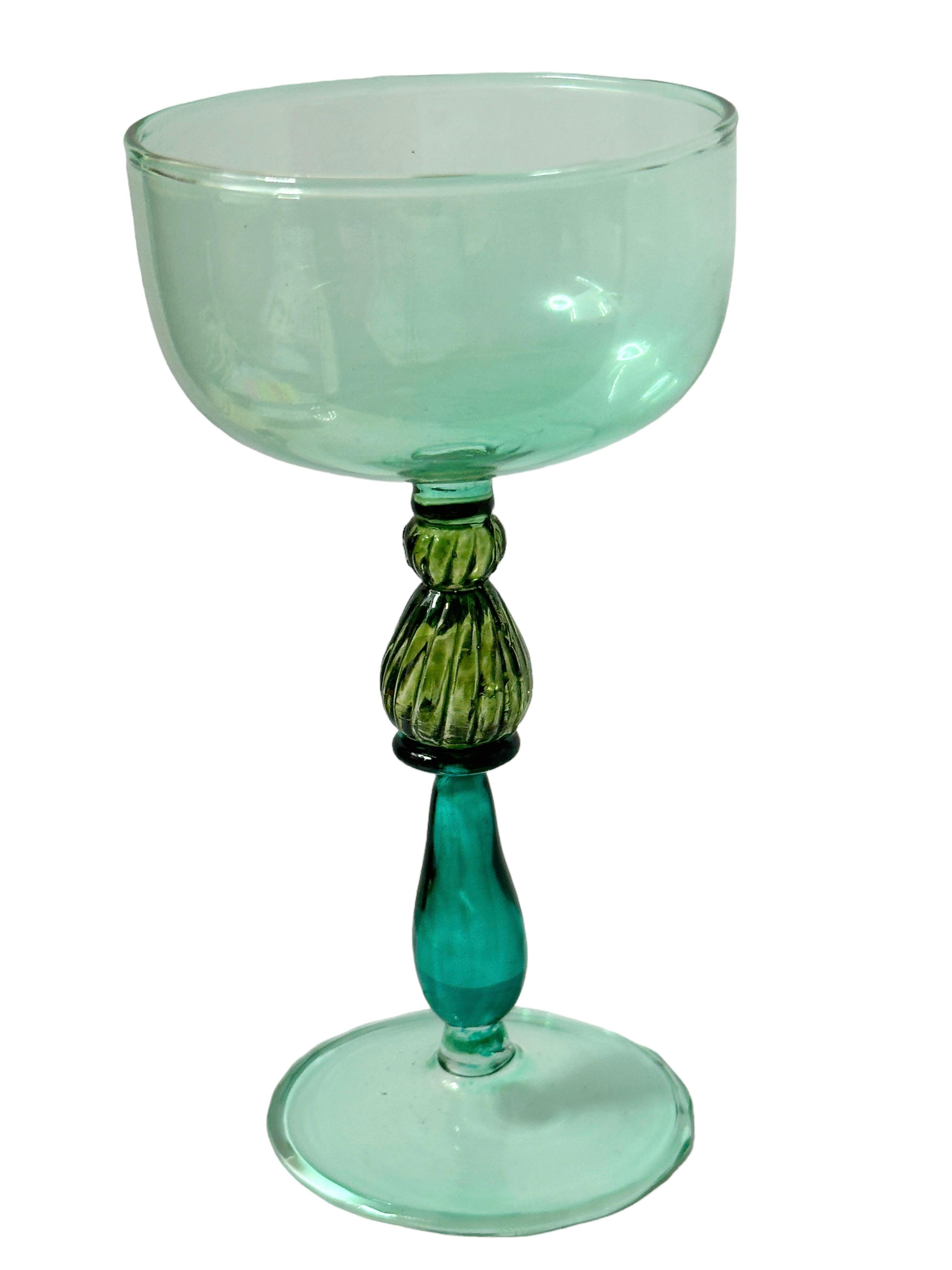 Renaissance Variations of Green Salviati Murano Glass Liqueur Goblet, Vintage Italy  For Sale