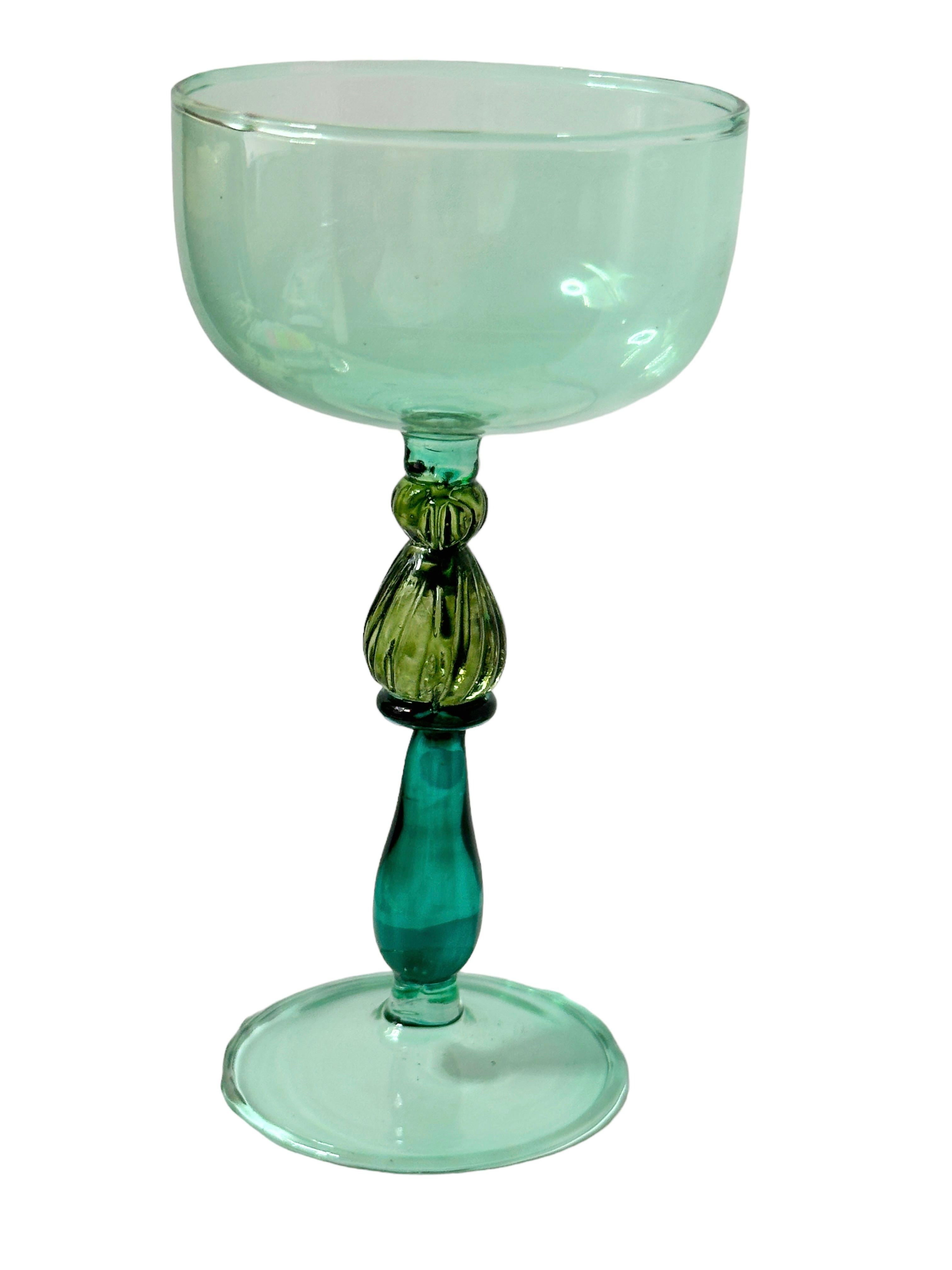 Italian Variations of Green Salviati Murano Glass Liqueur Goblet, Vintage Italy  For Sale