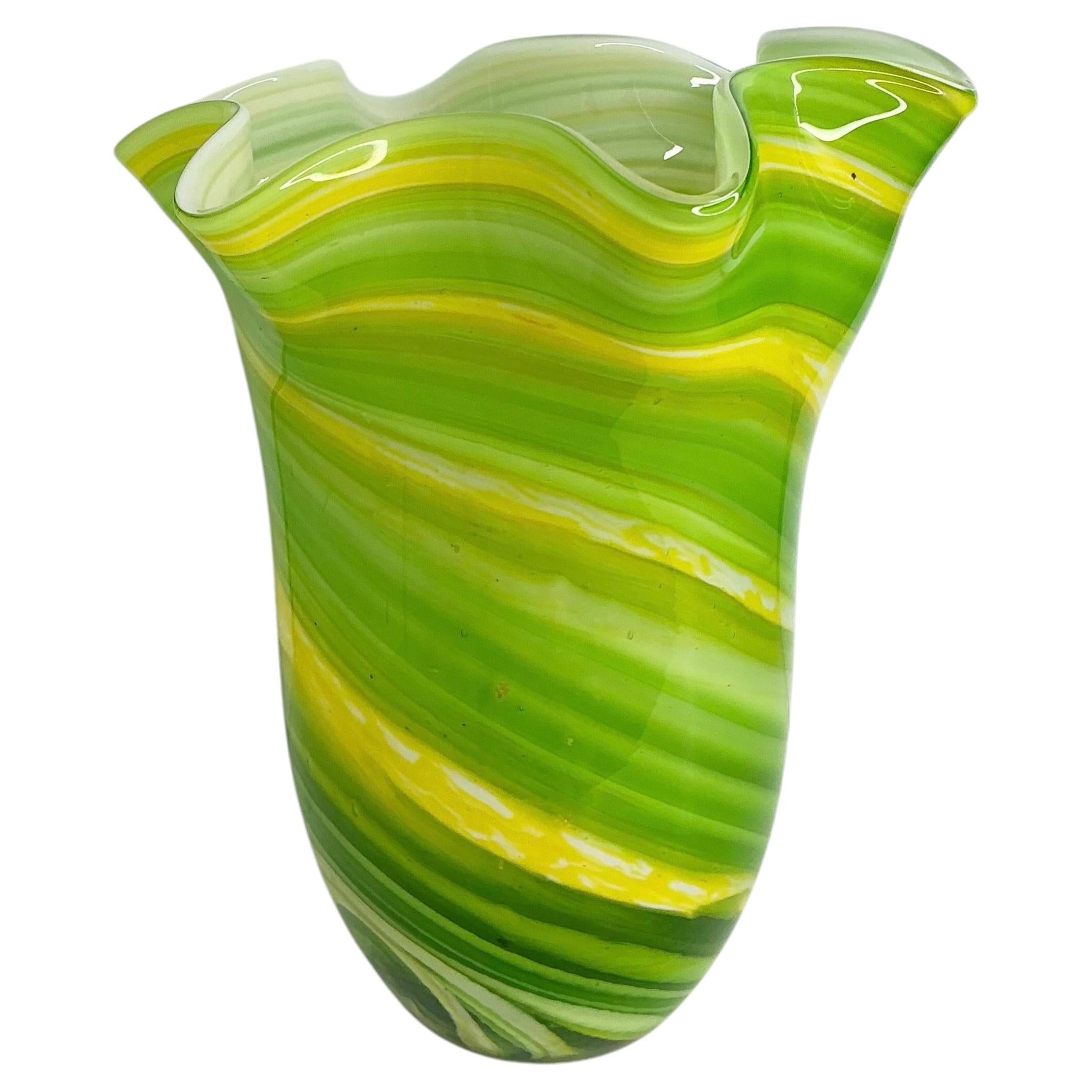 Variations of Green & Yellow Art Glass Murano Handkerchief Vase, Italy Vintage