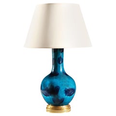 Antique Variegated Blue Glaze Vase as a Table Lamp, Mounted with a Brass Base