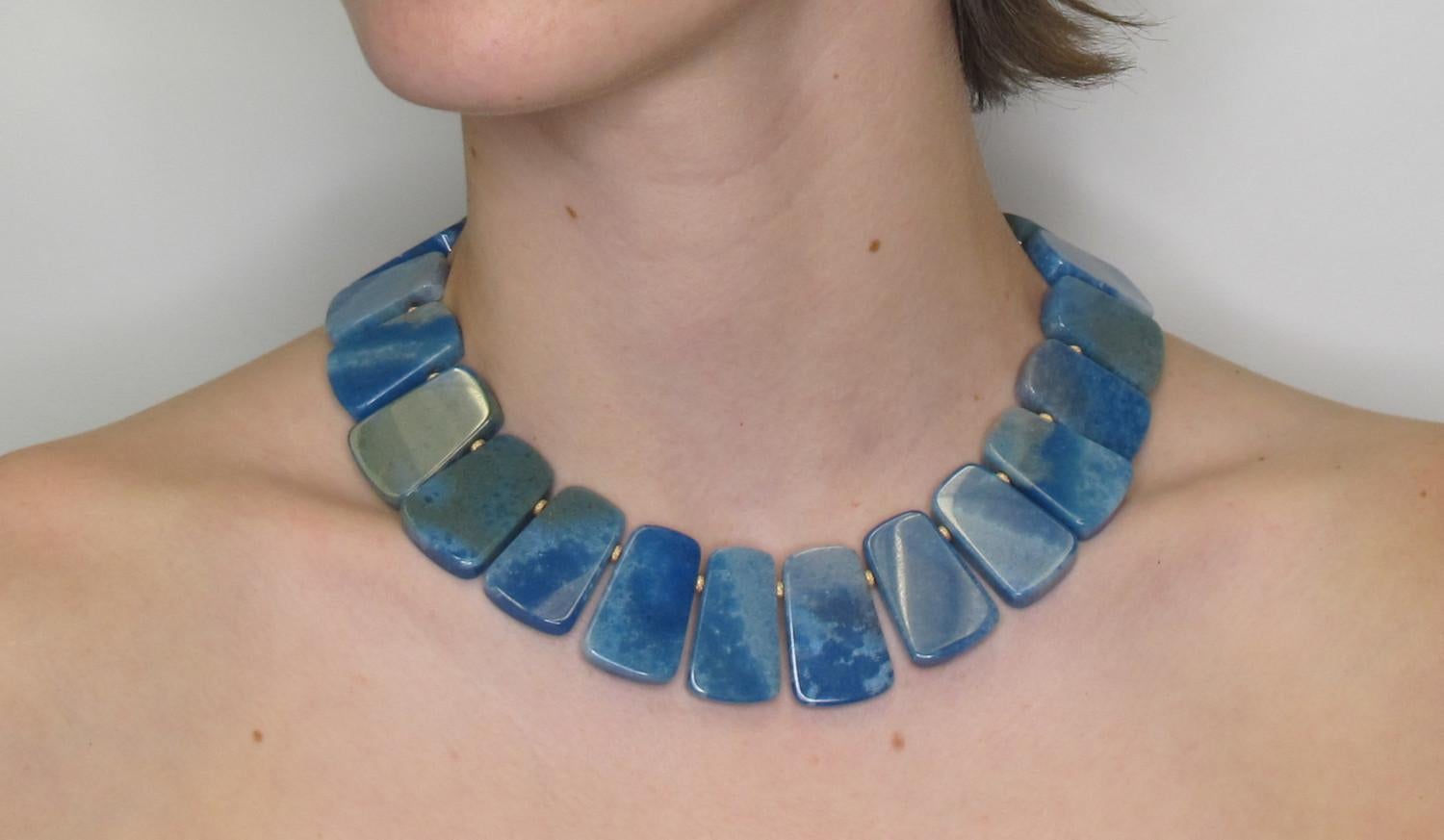 Women's or Men's Variegated Blue Quartz and Yellow Gold Collar Necklace