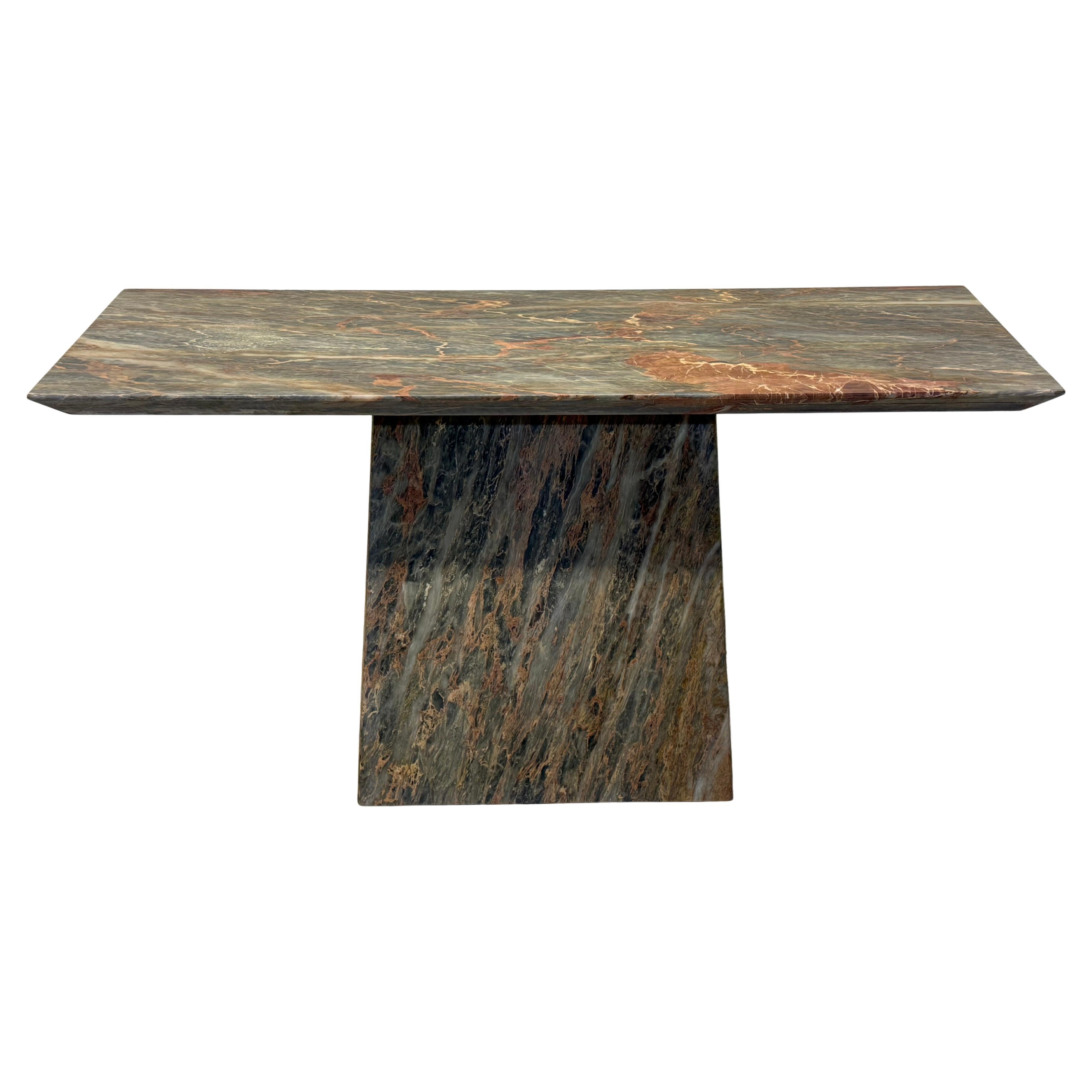 Variegated Green Natural Stone Marble Console Table, Italy 1980s