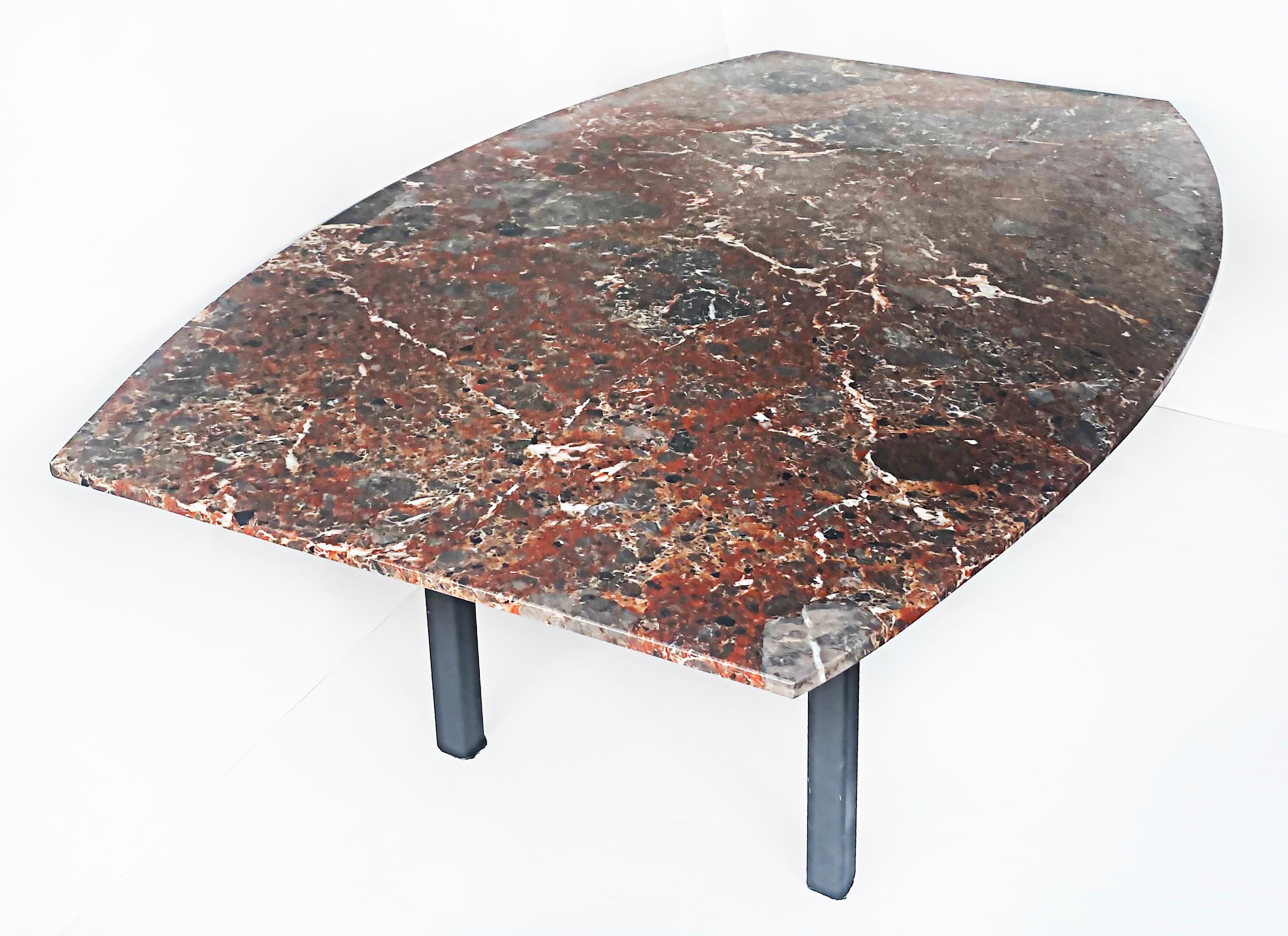 Variegated marble dining table with painted steel legs and stretchers

Offered for sale is a variegated marble dining table with black painted square steel legs joined by stretchers. This beautifully grained marble has varying tones of grays,