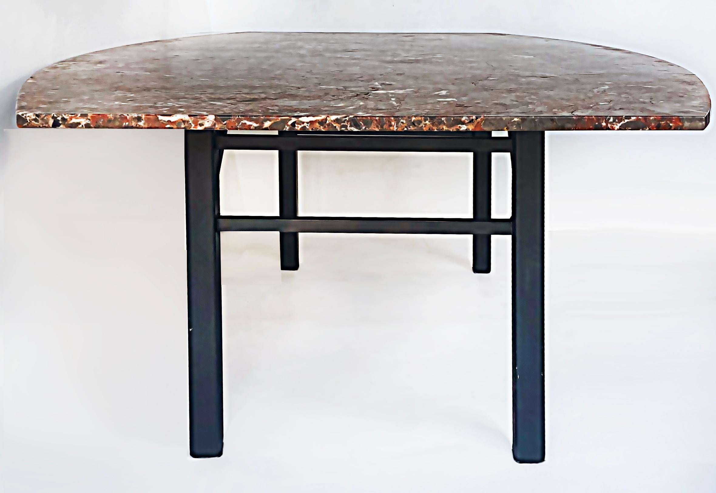 American Variegated Marble Dining Table with Painted Steel Legs and Stretchers For Sale