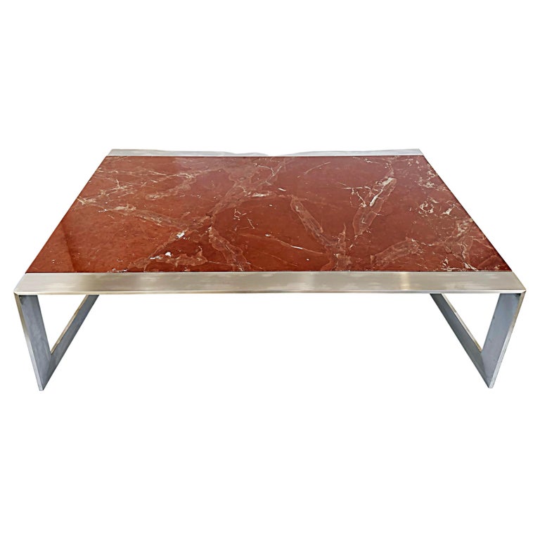 Table basse vintage en marbre rouge et acier inoxydable En vente sur ...
