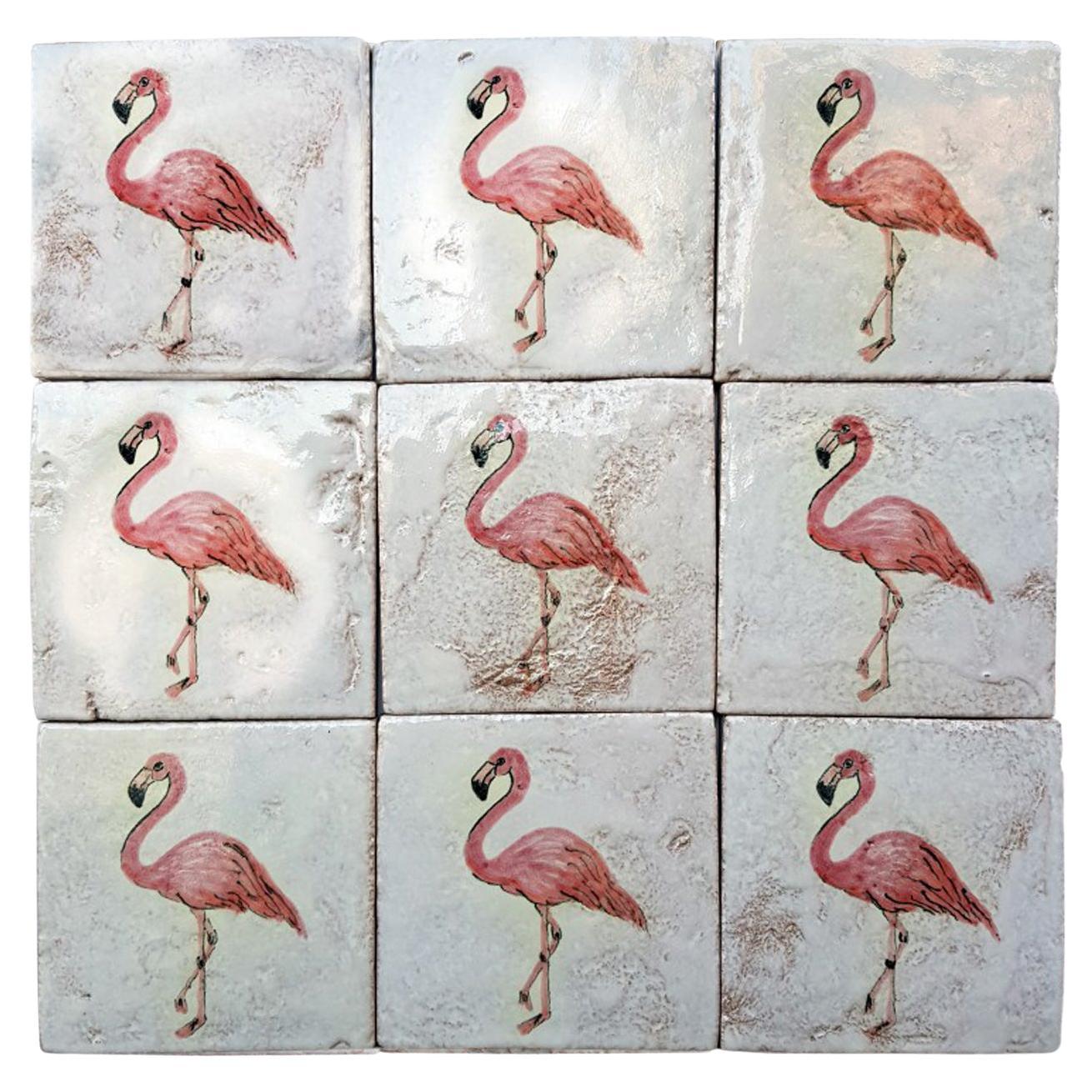 Gorgeous handpainted tiles with 3 different images of a pink flamingo (Phoenicopterus roseus Pallas). The tiles are hand painted and handmade in Italy. Designed by Guido Frilli. These tiles would be charming displayed on easels, framed or