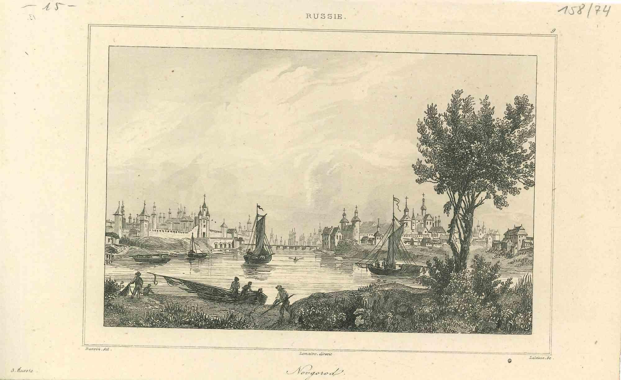 Unknown Landscape Print - Ancient View of Novgorod - Original Lithograph - First Half of 19th Century