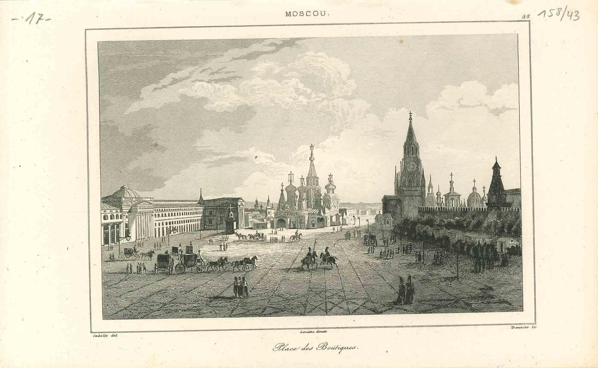 Ancienne vue de la place des Boutiques de Moscou - Lithographie originale, années 1850