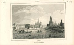 Ancient View of Place des Boutiques in Moscow - Original Lithograph - 1850s