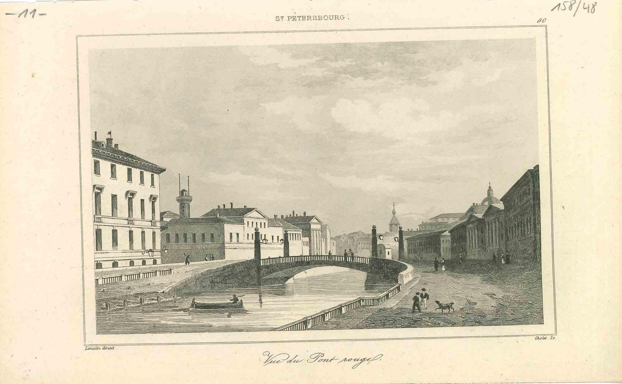 Ancienne vue du Pont Rouge à Saint-Pétersbourg  - Lithographie d'origine - années 1850