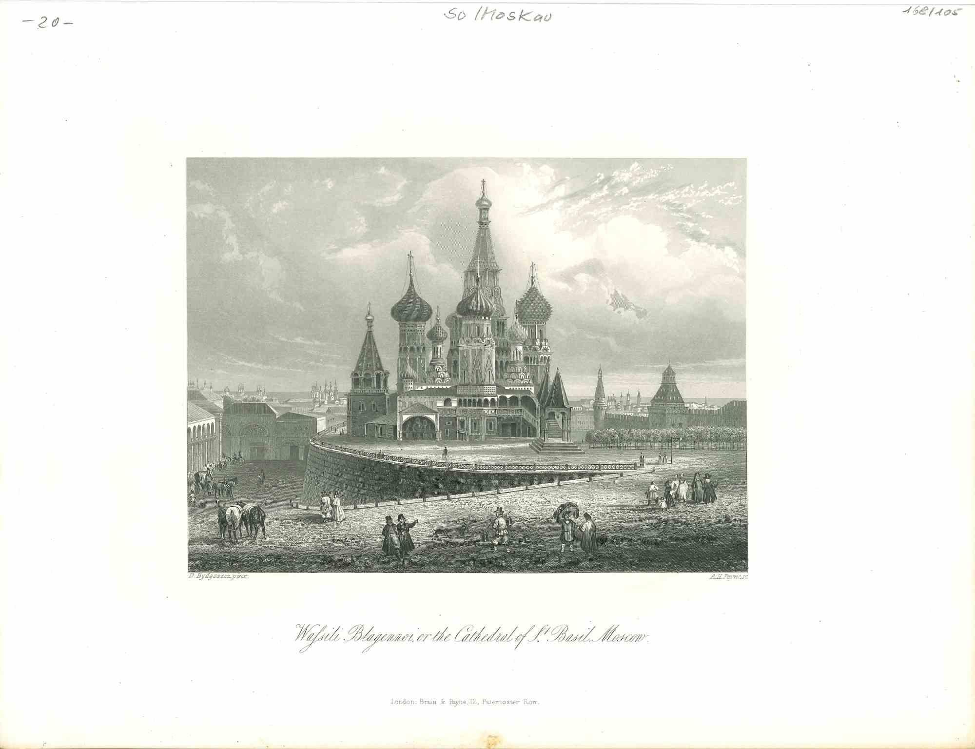 Unknown Figurative Print - Ancient View of St. Basil Cathedral in Moscow - Original Lithograph - 1850s