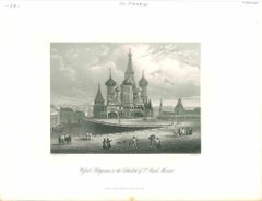 Ancient View of St. Basil Cathedral in Moscow - Original Lithograph - 1850s