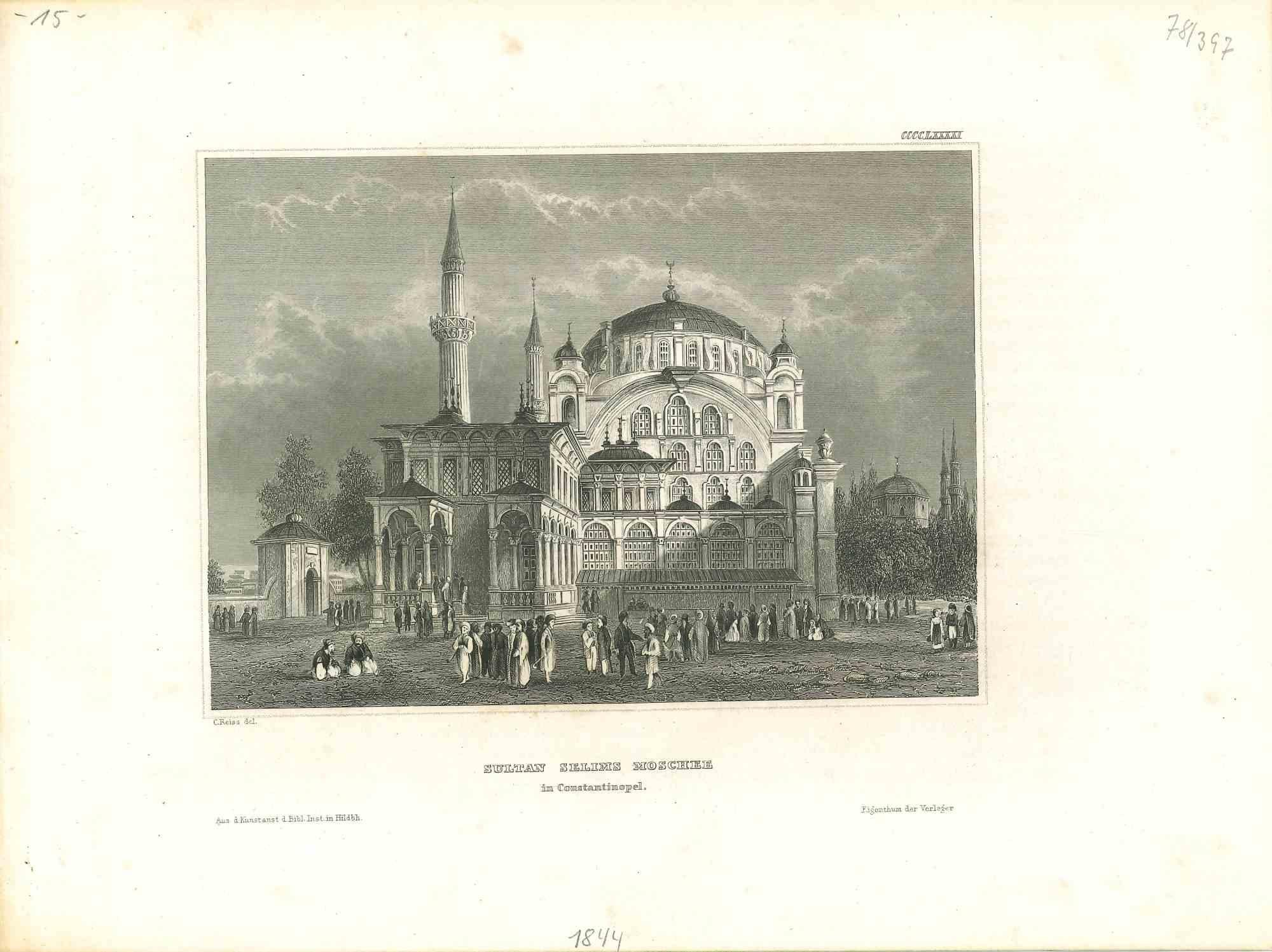 Ancienne vue de la mosquée du sultan Selims à Costantinople - Lithographie - années 1850