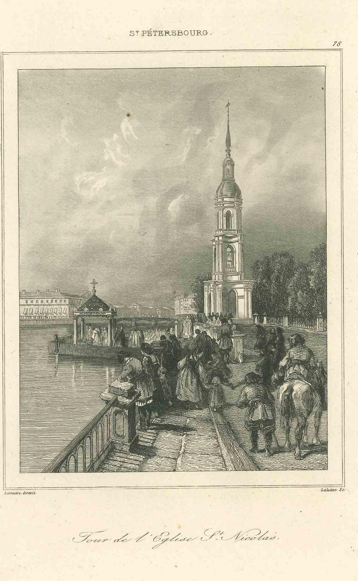 Unknown Landscape Print - Ancient View of the Tour de l'Eglise St. Nicolas - Original Lithograph - 1850s