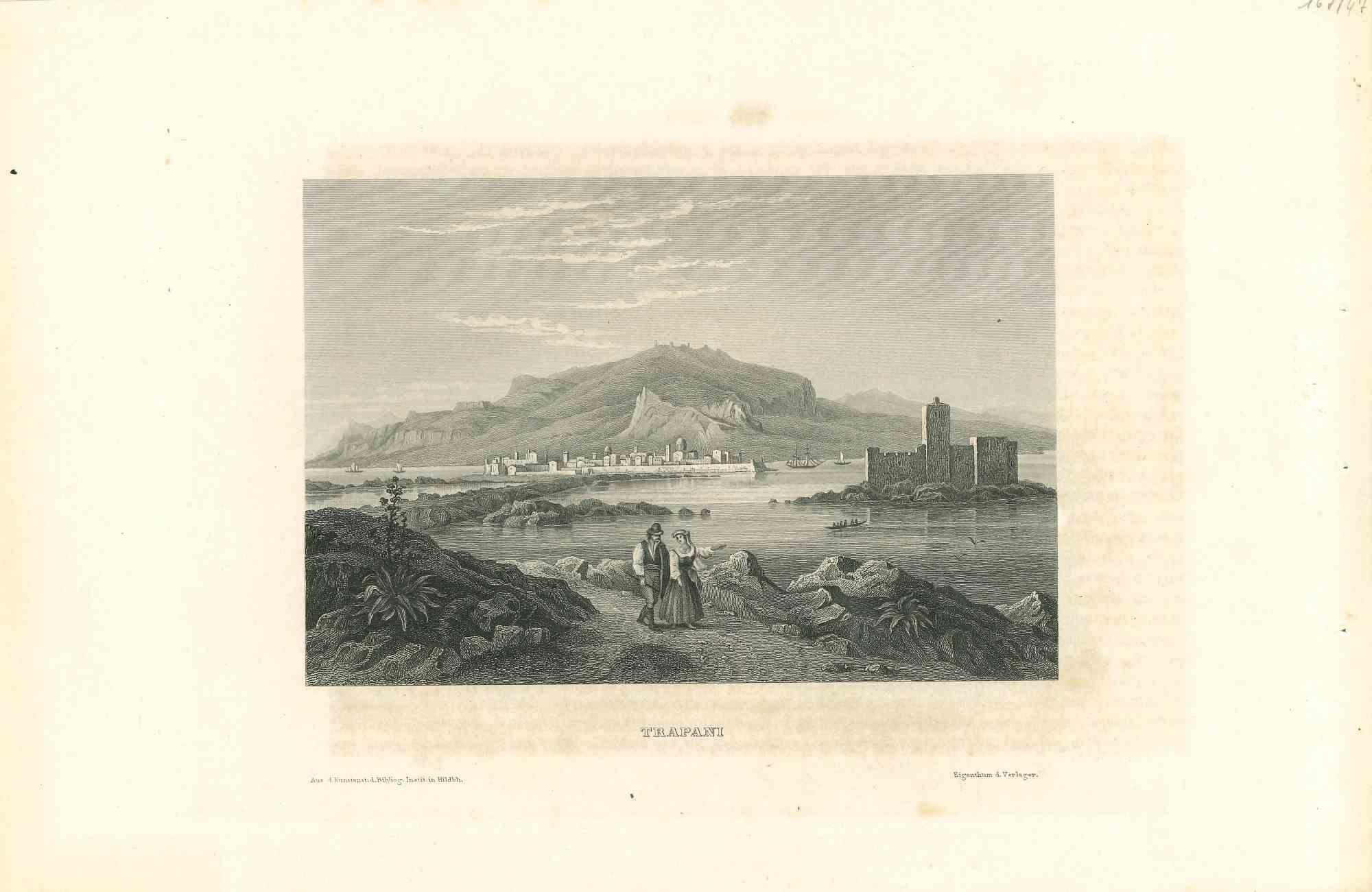 Unknown Landscape Print - Ancient View of Trapani - Original Lithograph - Mid 19th Century