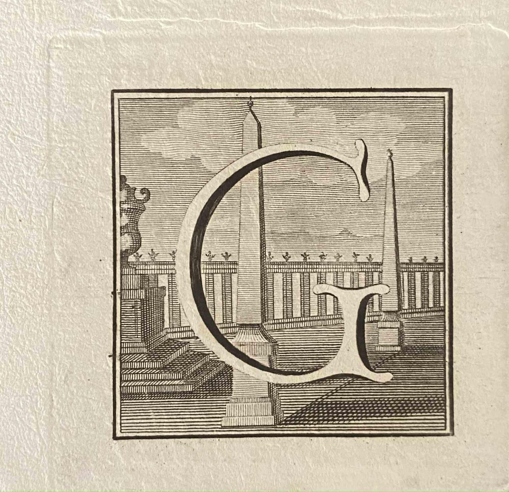 Unknown Figurative Print - Capital Letter from Ancient Rome - Original Etching by Various Masters - 1750s