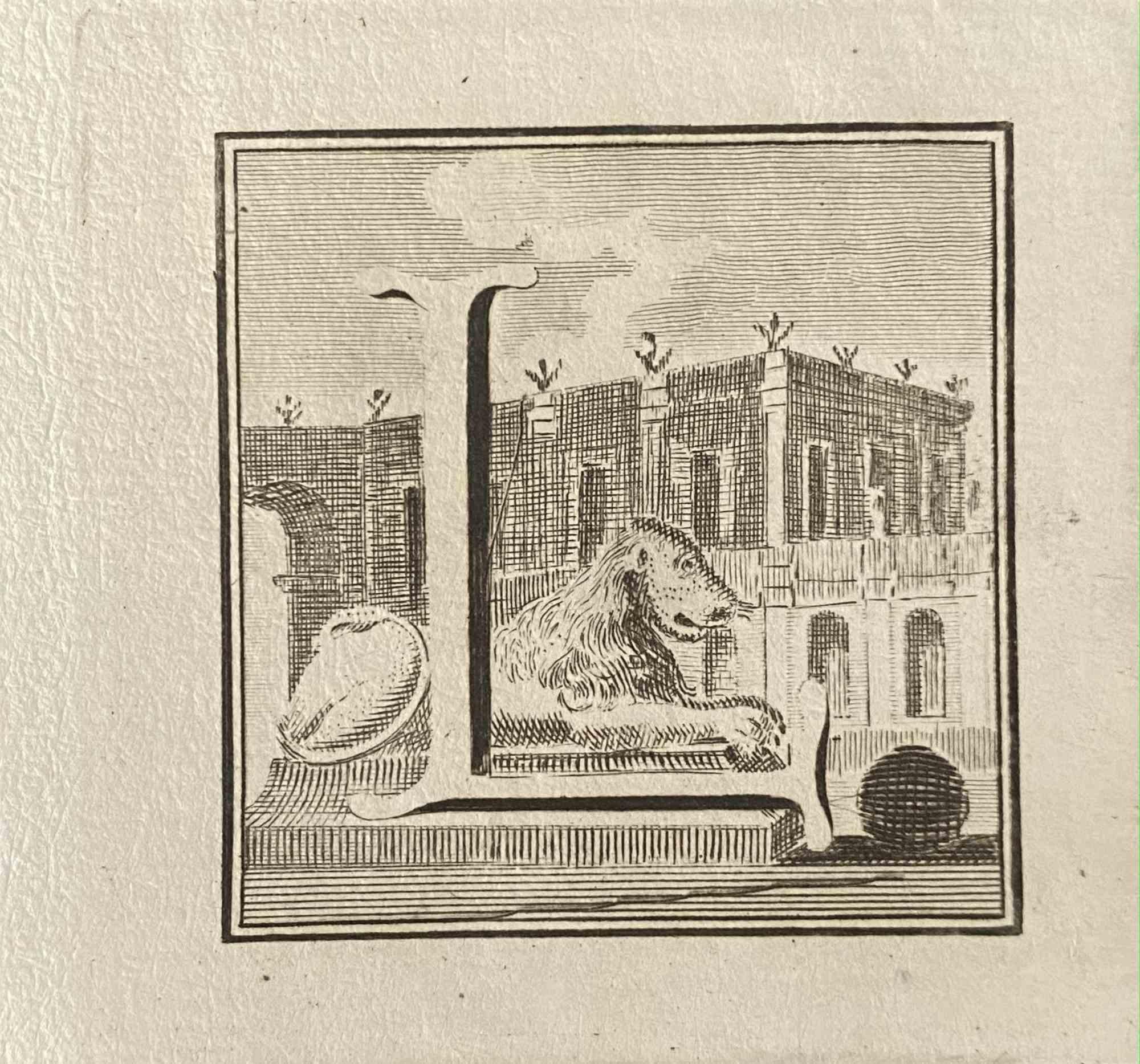 Unknown Figurative Print - Capital Letter from Ancient Rome - Original Etching by Various Masters - 1750s