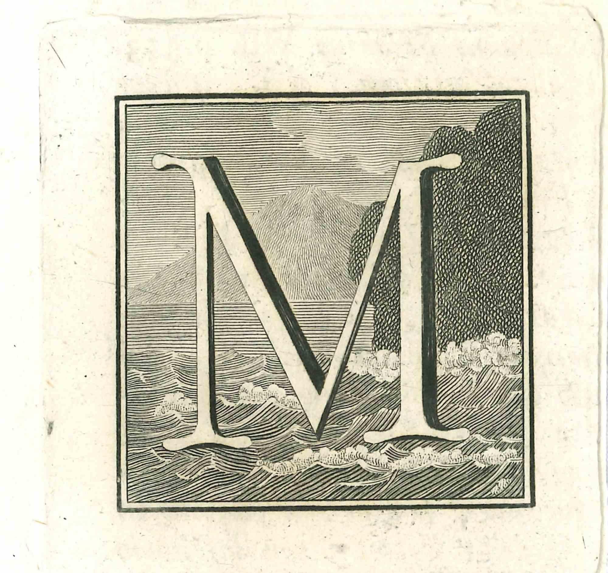 Figurative Print Unknown - Lettre majuscule M pour les Antiquités d'Herculanum - Eau-forte - XVIIIe siècle