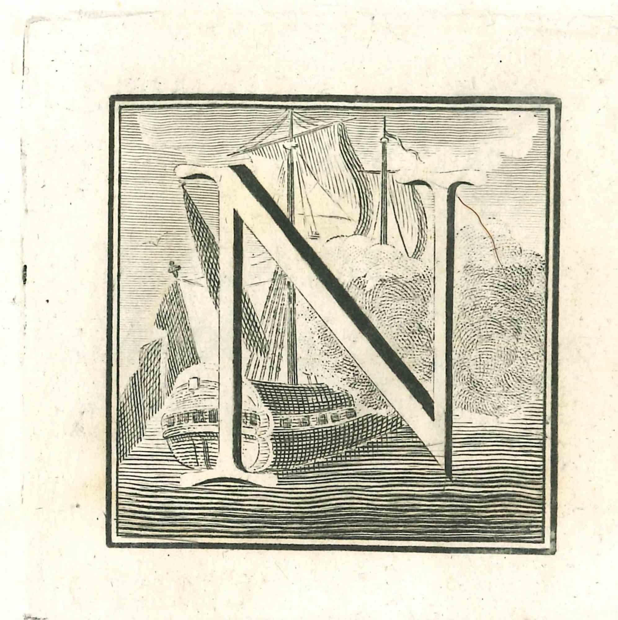 Unknown Figurative Print - Capital letter N - the Antiquities of Herculaneum Exposed-Etching - 18th Century