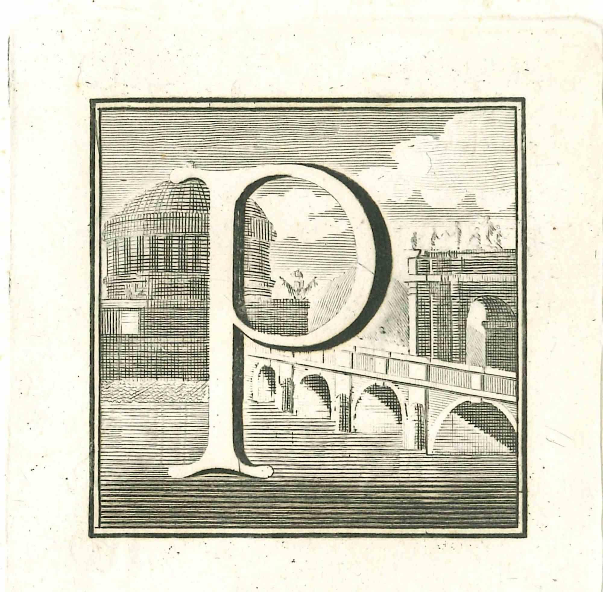 Unknown Figurative Print - Capital letter P from the Antiquities of Herculaneum - Etching - 18th Century