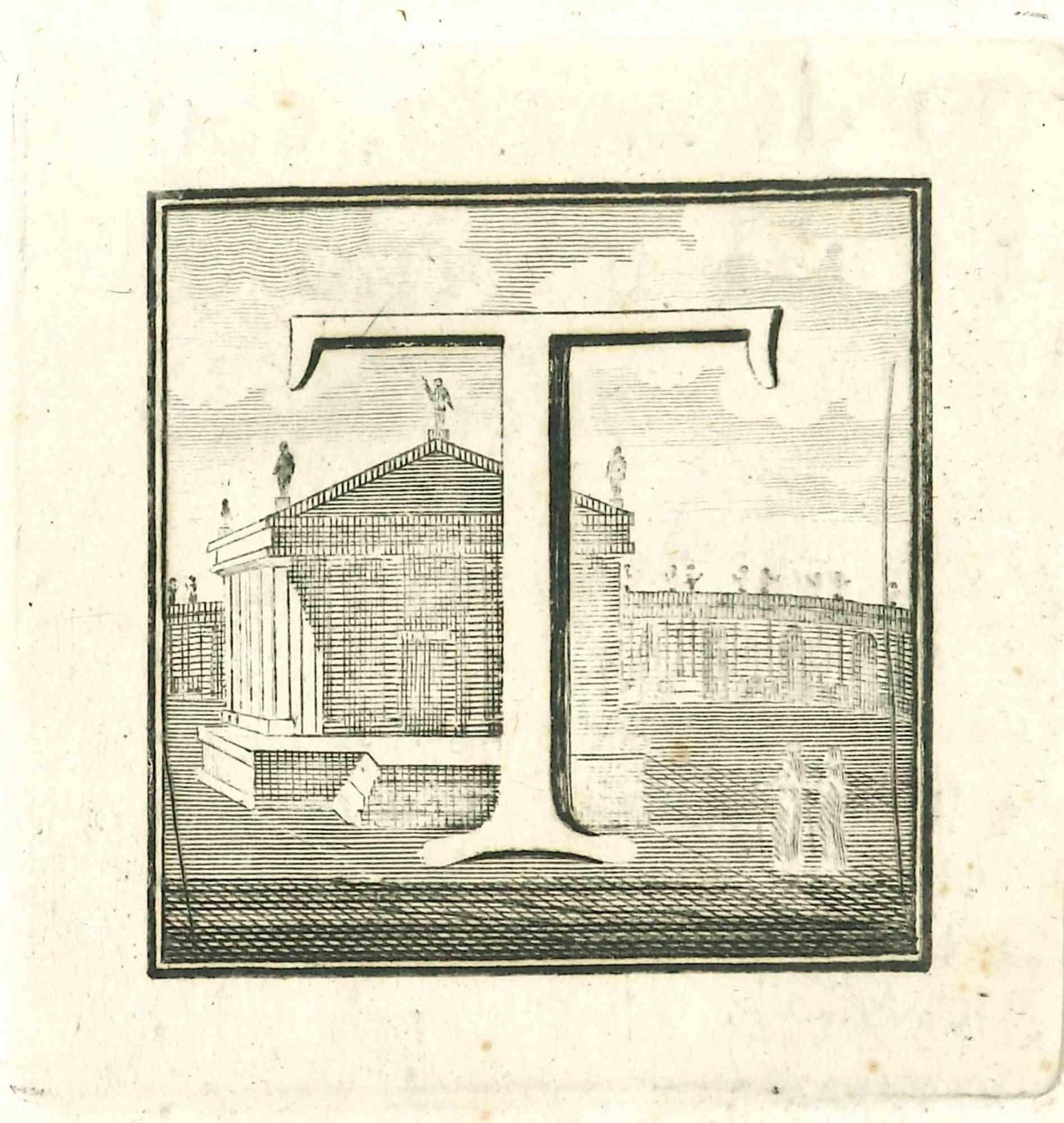 Unknown Figurative Print - Capital Letter T - Original Etching  - 18th Century