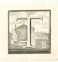 Antique Capital Letter T - Original Etching  - 18th Century
