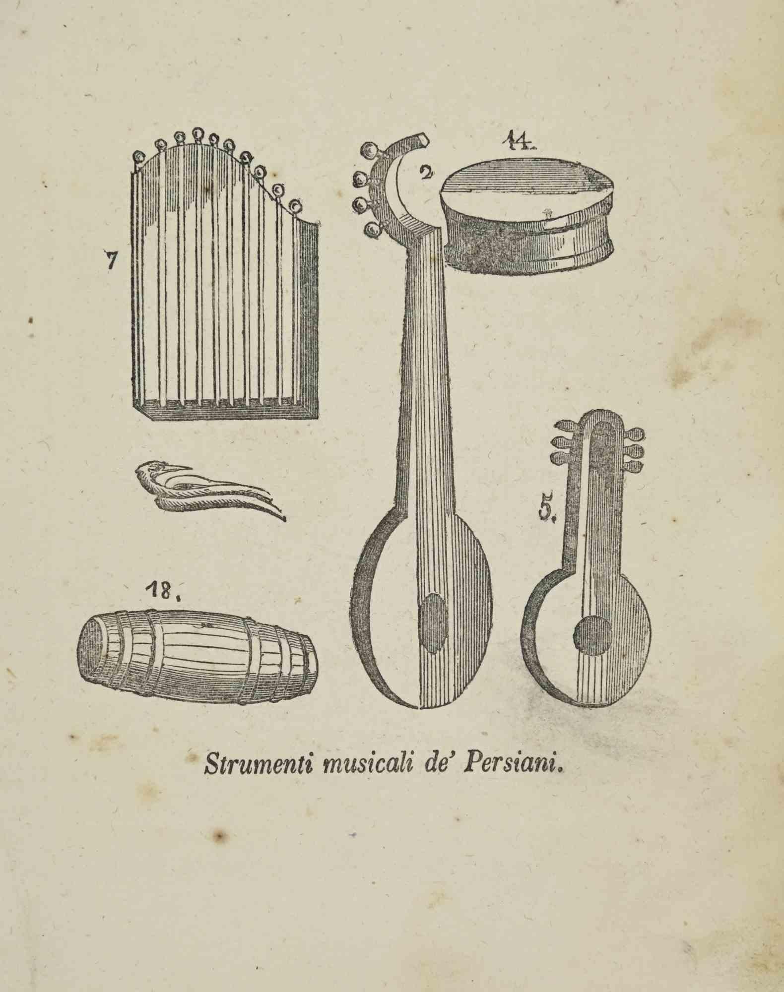 Various Artists Figurative Print - Persian Musical Instruments - Lithograph - 1862