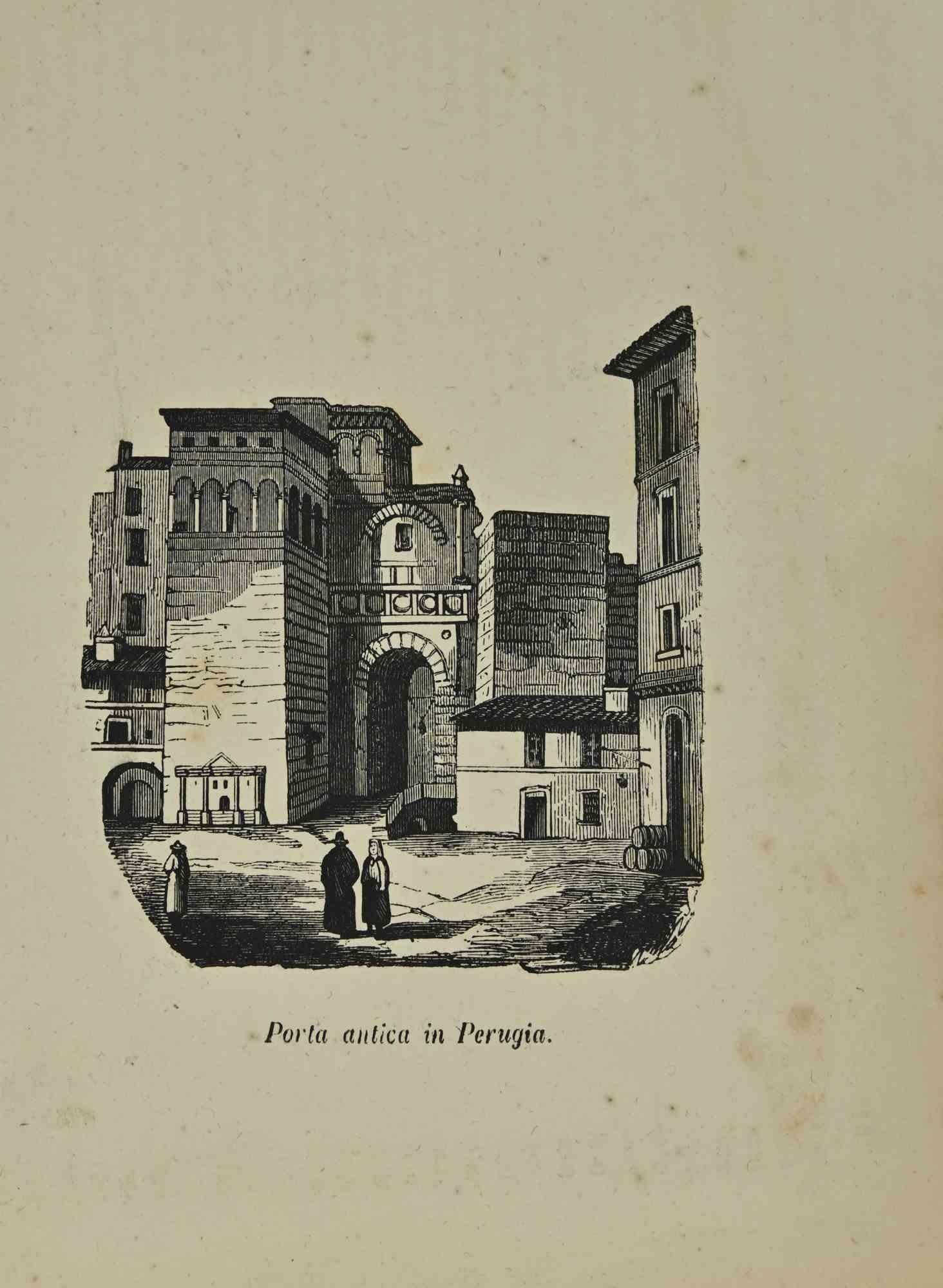 Various Artists Figurative Print - Porta Antica in Perugia - Lithograph - 19th Century 