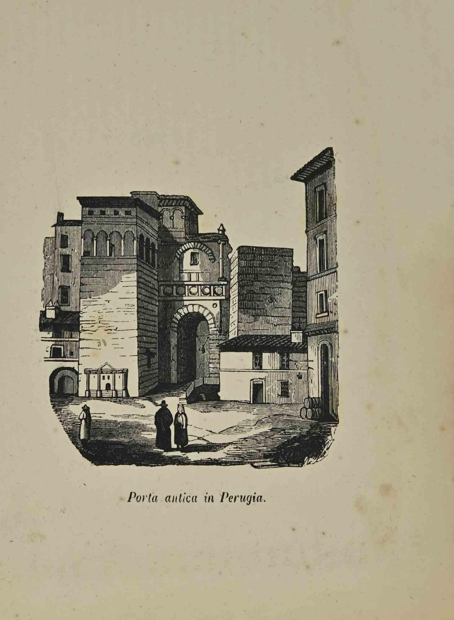 Various Artists Figurative Print – Porta Antica in Perugia – Lithographie – 19. Jahrhundert