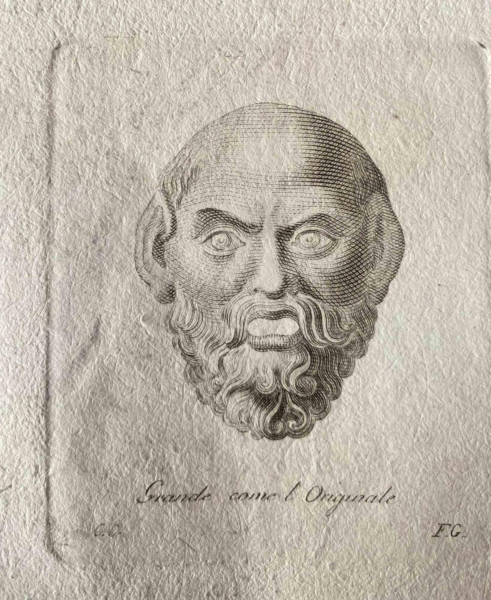 Roman Head from the Antiquities of Herculaneum Exposed, is an etching realized in the mid-18th century by Various Artists.

In very good condition, except for some stains along the margins.

In this artwork is represented a roman face of man. Bottom