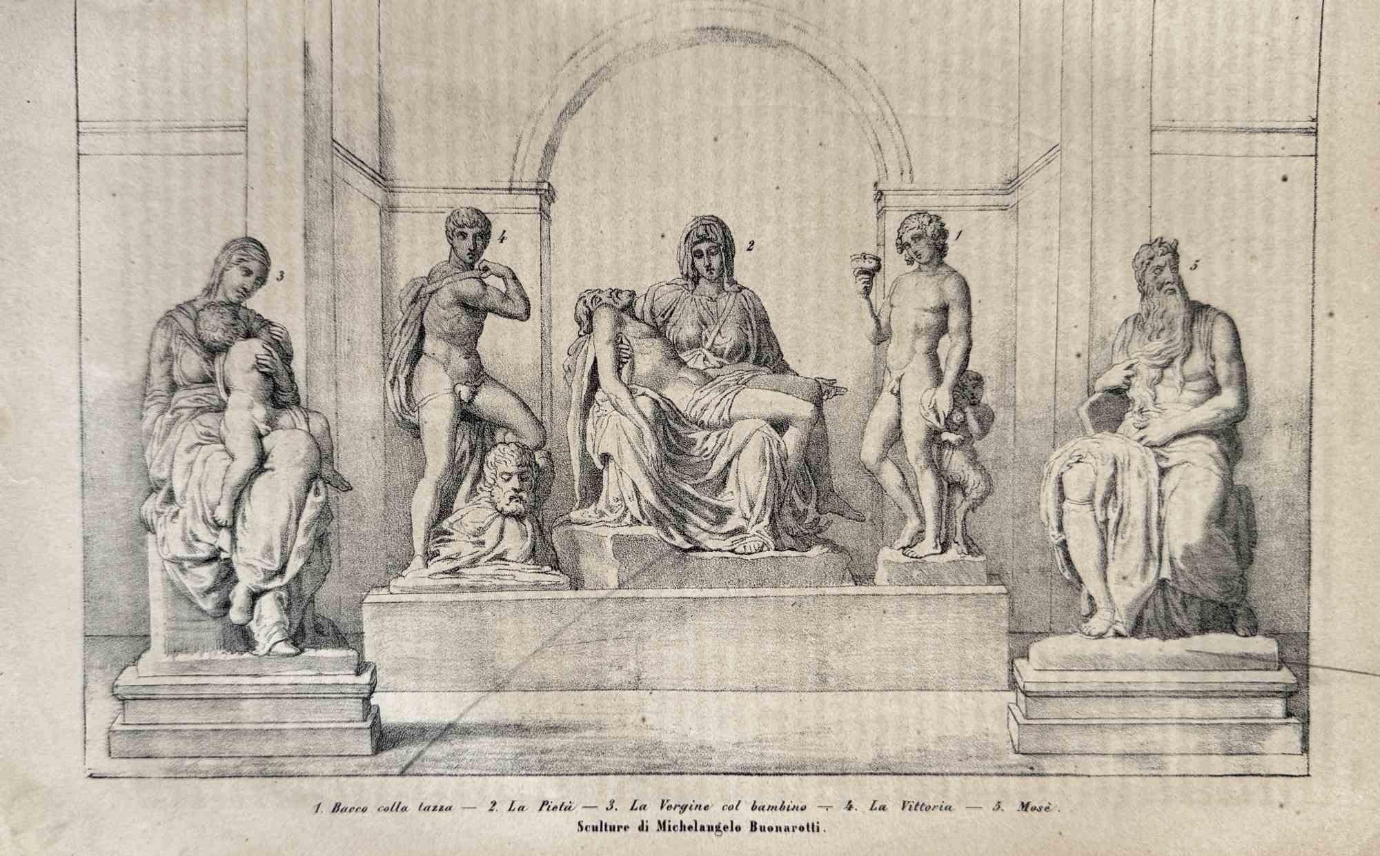 Various Artists Figurative Print - Sculptures by Michelangelo Buonartti - Lithograph - 1862