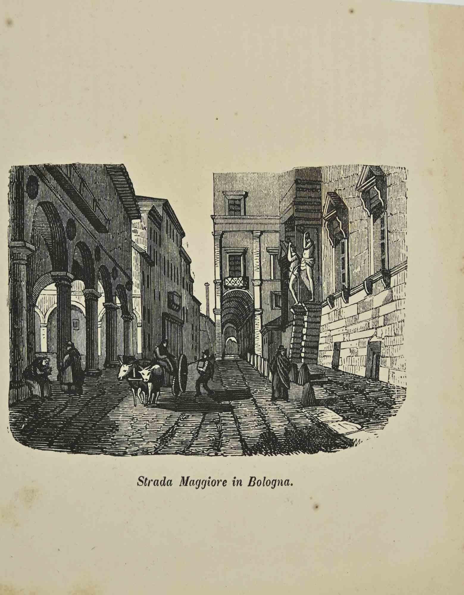 Various Artists Figurative Print - Strada Maggiore in Bologna - Lithograph - 19th Century 