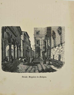 Lithographie de Strada Maggiore à Bologne - 19e siècle 